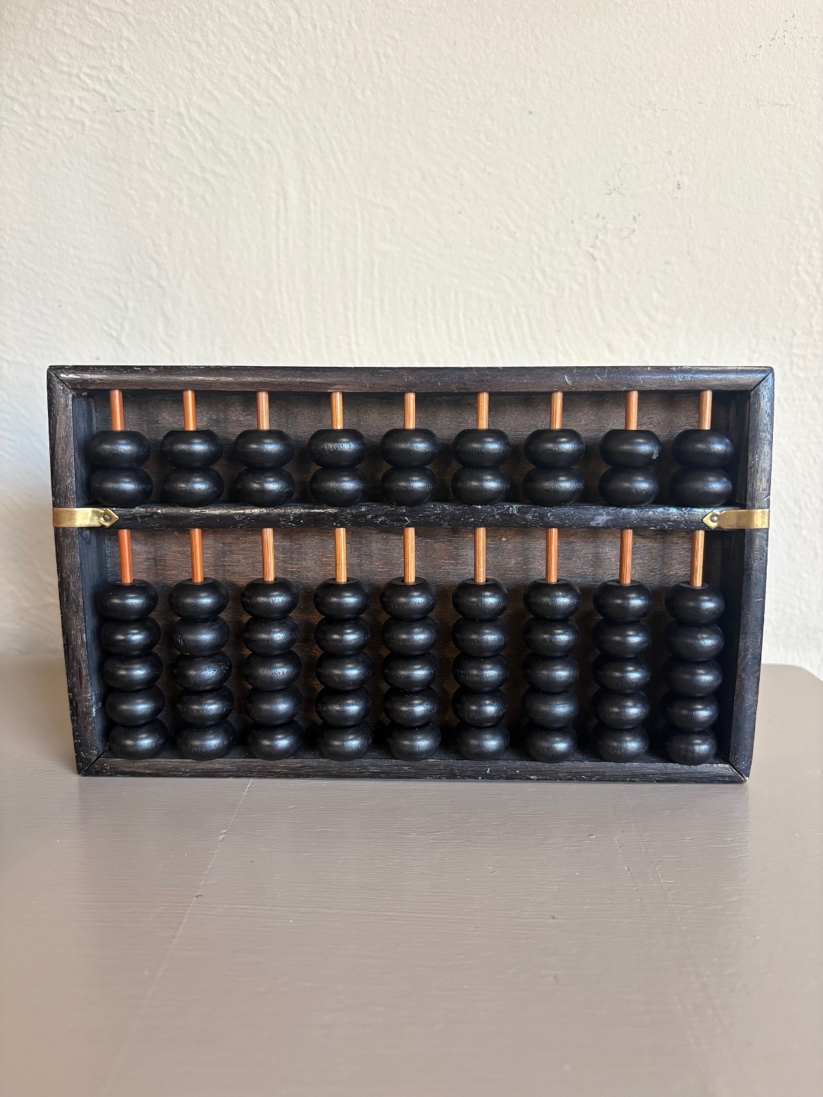Vtg Wood and Brass Abacus Calculator Decor Piece Japan 9 Rods 63 Beads