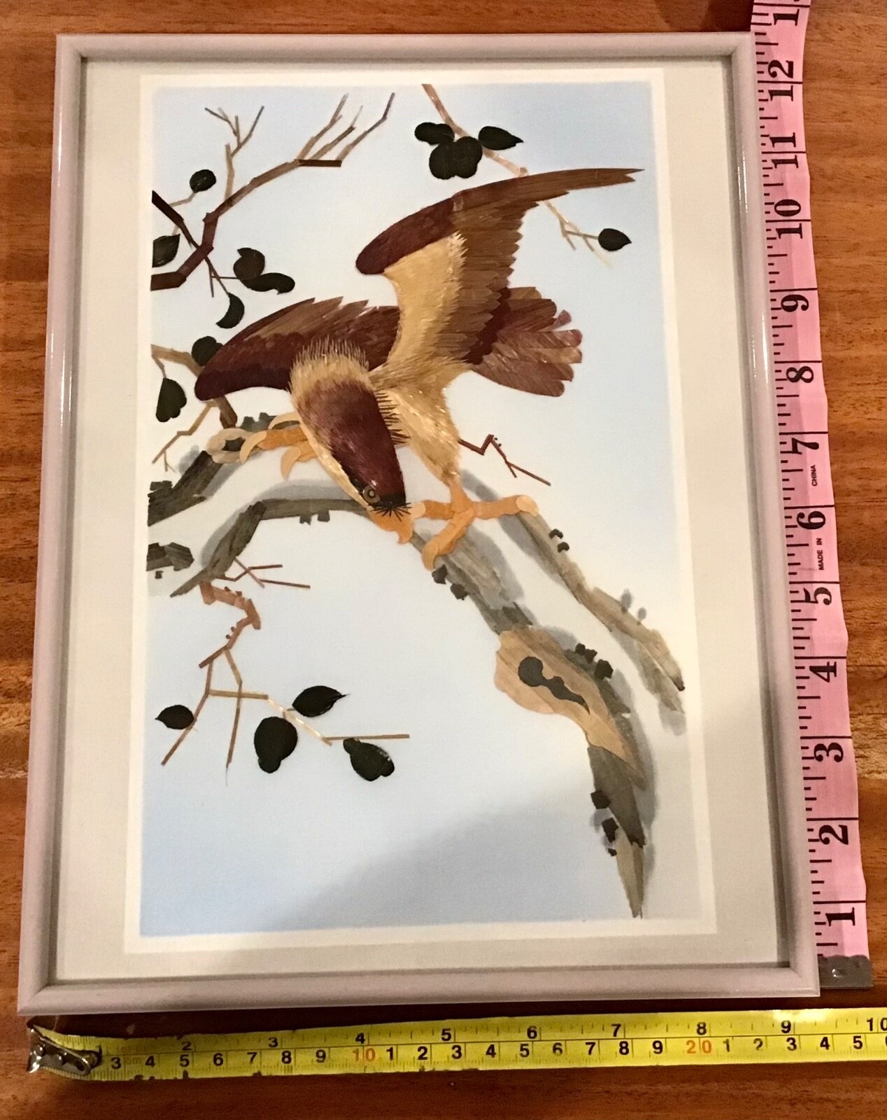 VTG ASIAN CLOTH PAINTED WOOD HAWK PICTURE WALL ART FRAMED- ONE OF TWO AVAILABLE