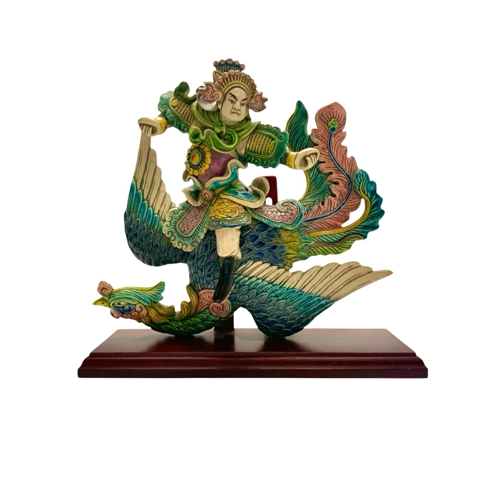 Chinese Figure on Phoenix Bird Oriental Roof Tile on Stand Vintage Asian Decor