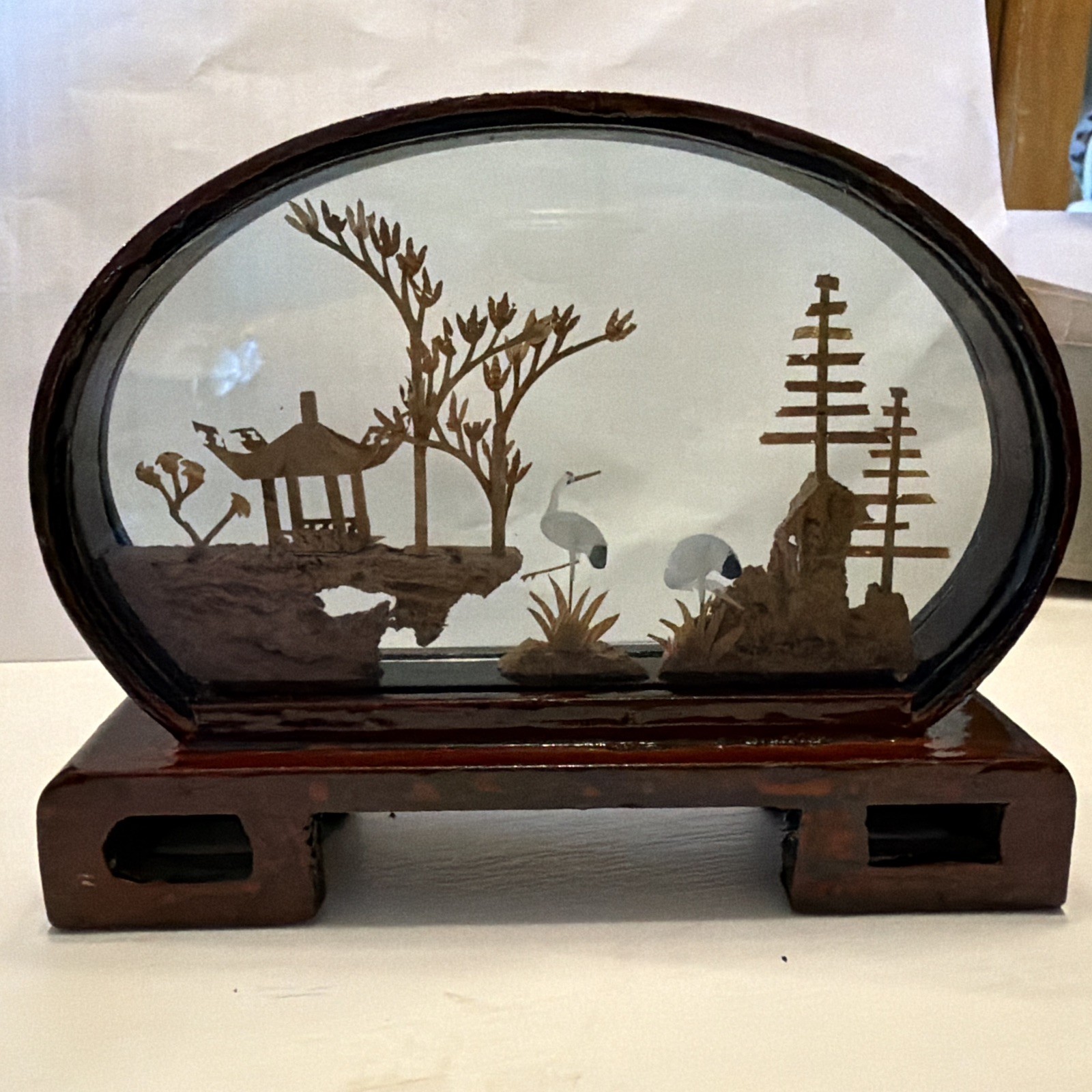 Carved Cork Diorama Asian Oriental 3D Art Miniature Cranes Vintage 6”x4.5”x1.5”