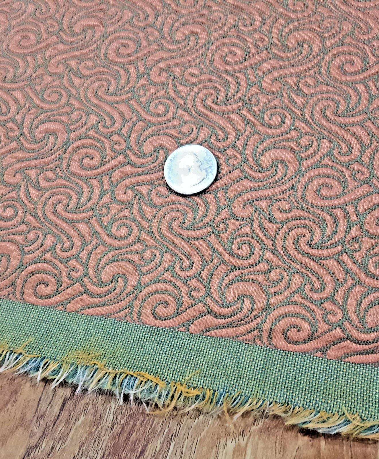 1960s MCM Jacquard Brocade Fabric Olive Green & Shiny Coral Swirl 52″ Wide