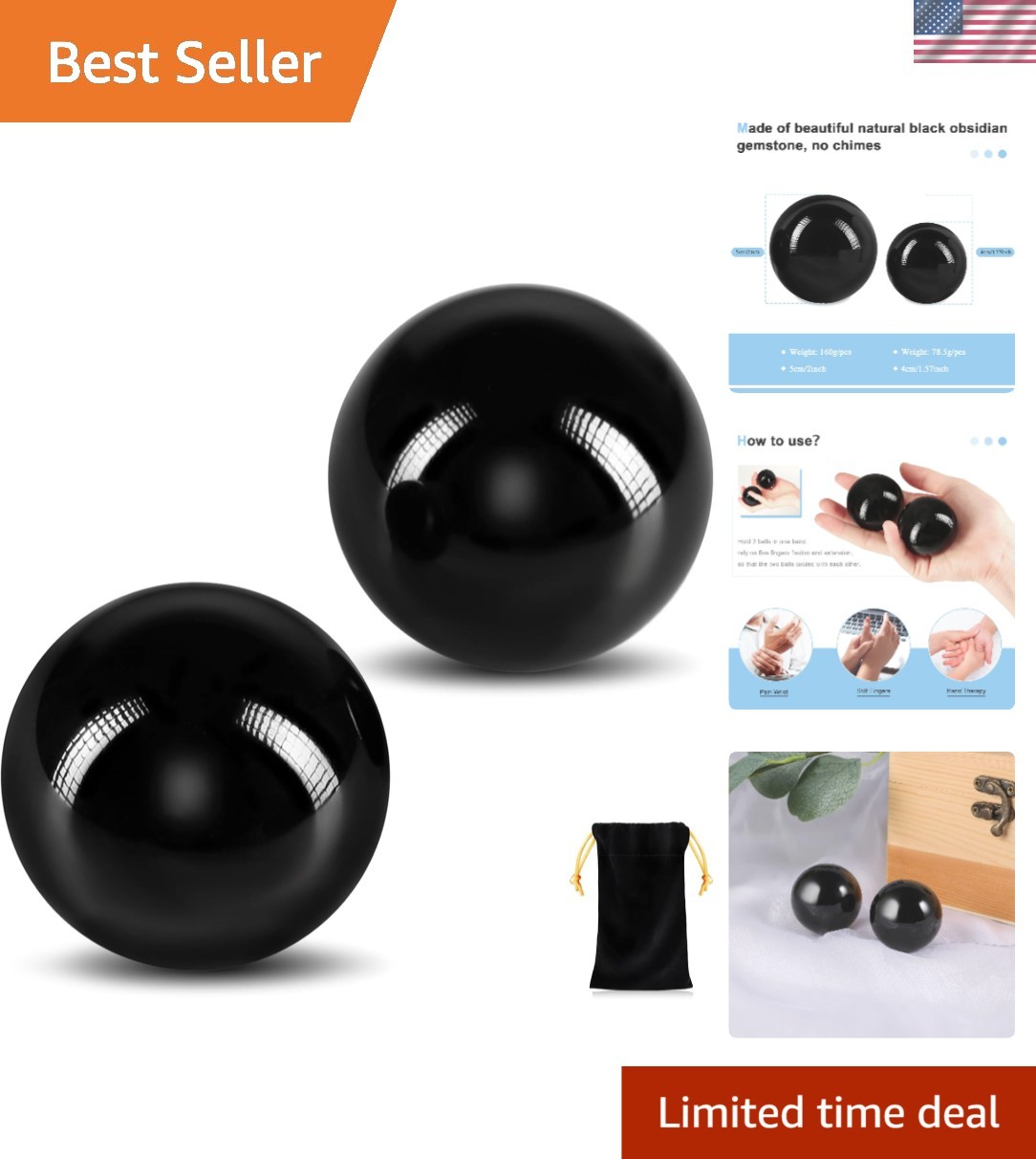 Elegant Black Obsidian Baoding Balls – 2-Pack for Relaxation & Blood Circulation