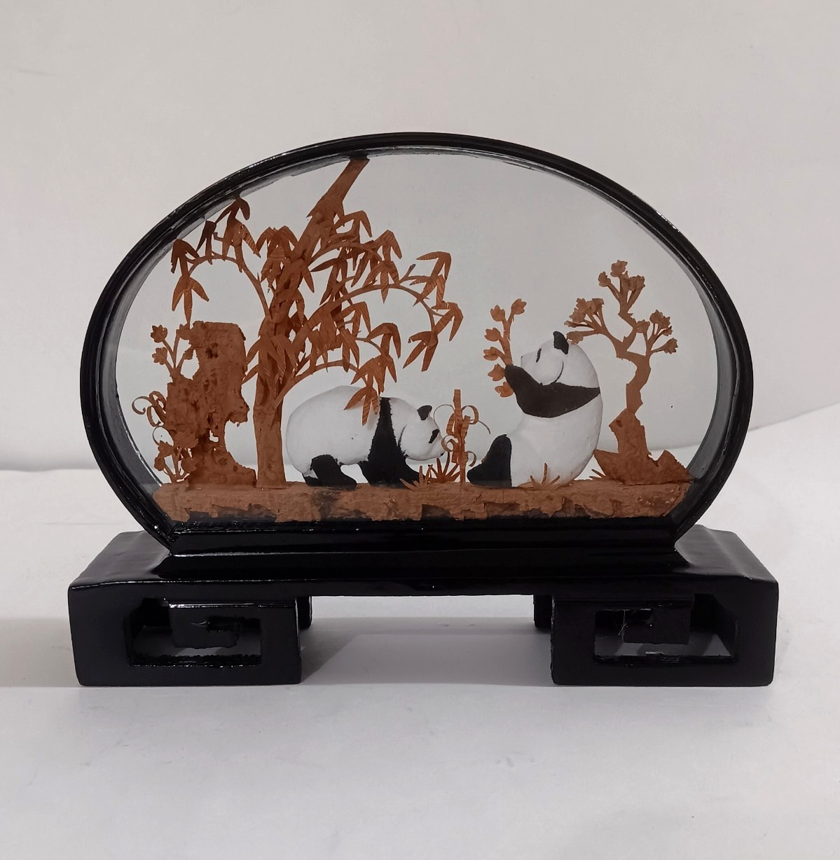Chinese Panda Diorama, Vintage Cork Art, Wood Shadowbox Art# 320