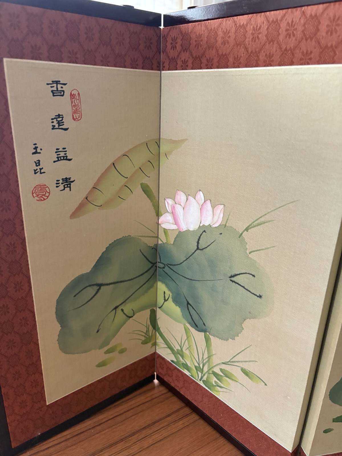 Vintage Chinese Tabletop Folding Screen 4 Panel Lotus Blossom Art 32×17