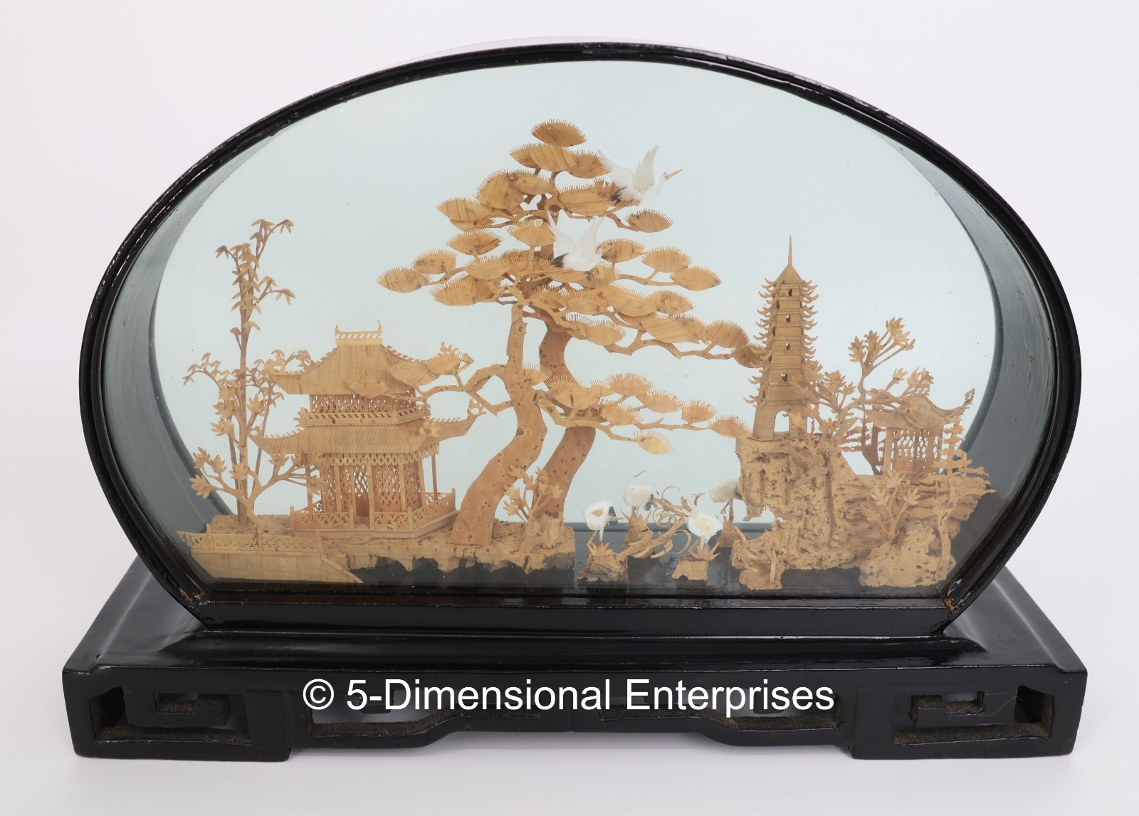 VTG Chinese Diorama Cork Carving Pagoda Trees Cranes 12″ x 8″ x 2.5″ Glass Case