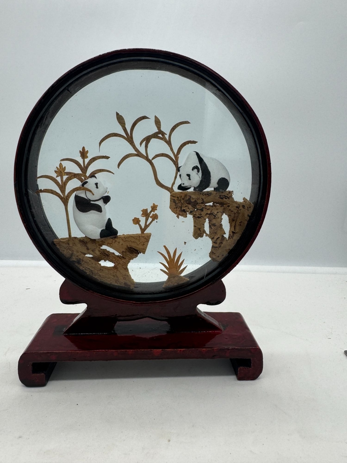 Vintage Chinese Cork Diorama Panda Bears Dark Wood Frame