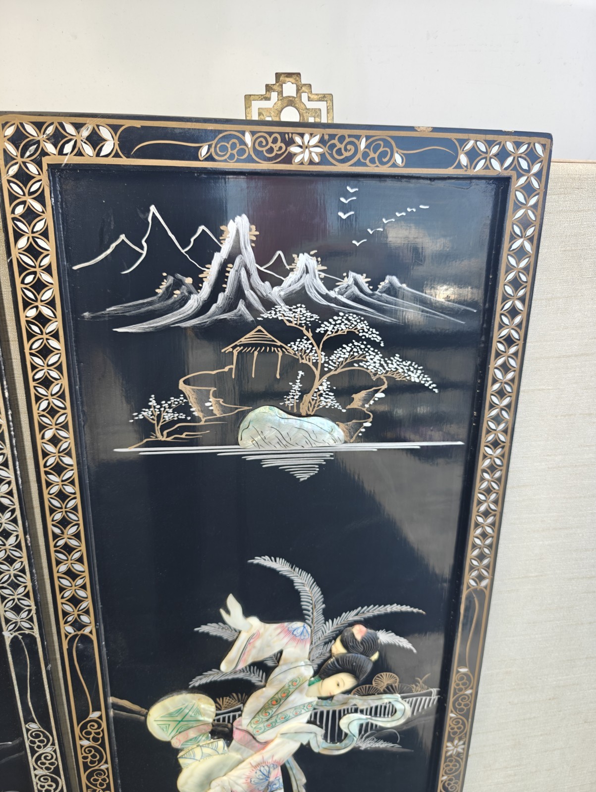 2 Vintage Mother Of Pearl Framed Art Wall Plaques Asian Black And Gold.