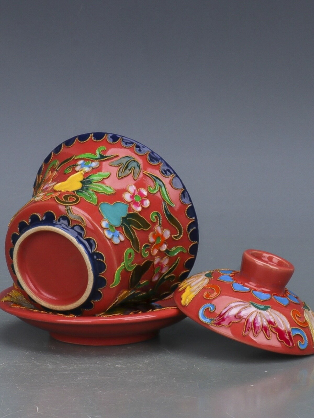 4.5″ China Song Ruyao Red Glaze Porcelain Wire Inlay Gourd San Cai Lid Bowl