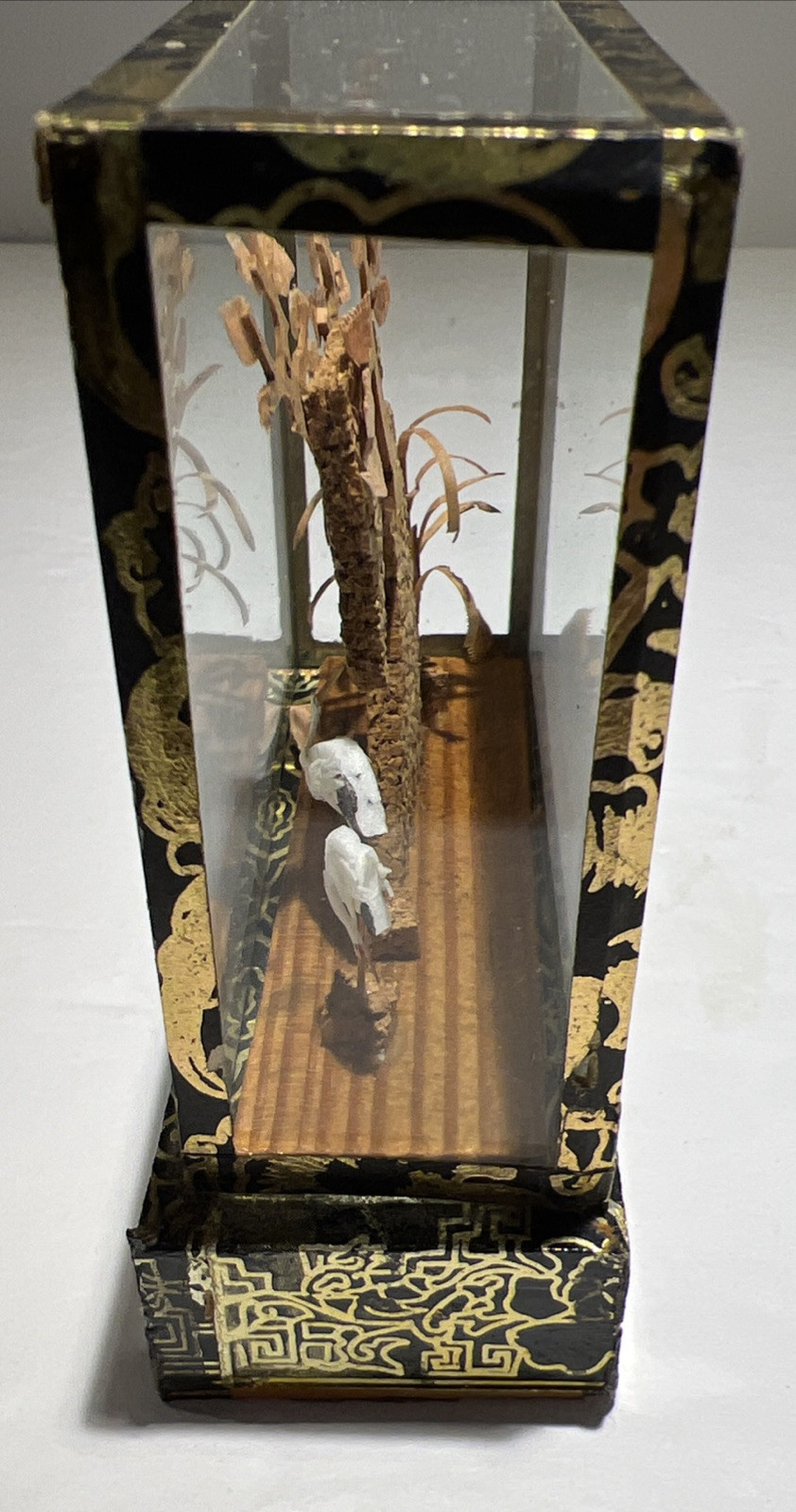 Vintage Oriental Chinese 3D Handcarved Cork Diorama Trees/Cranes 4×3.5×1.25 Inch