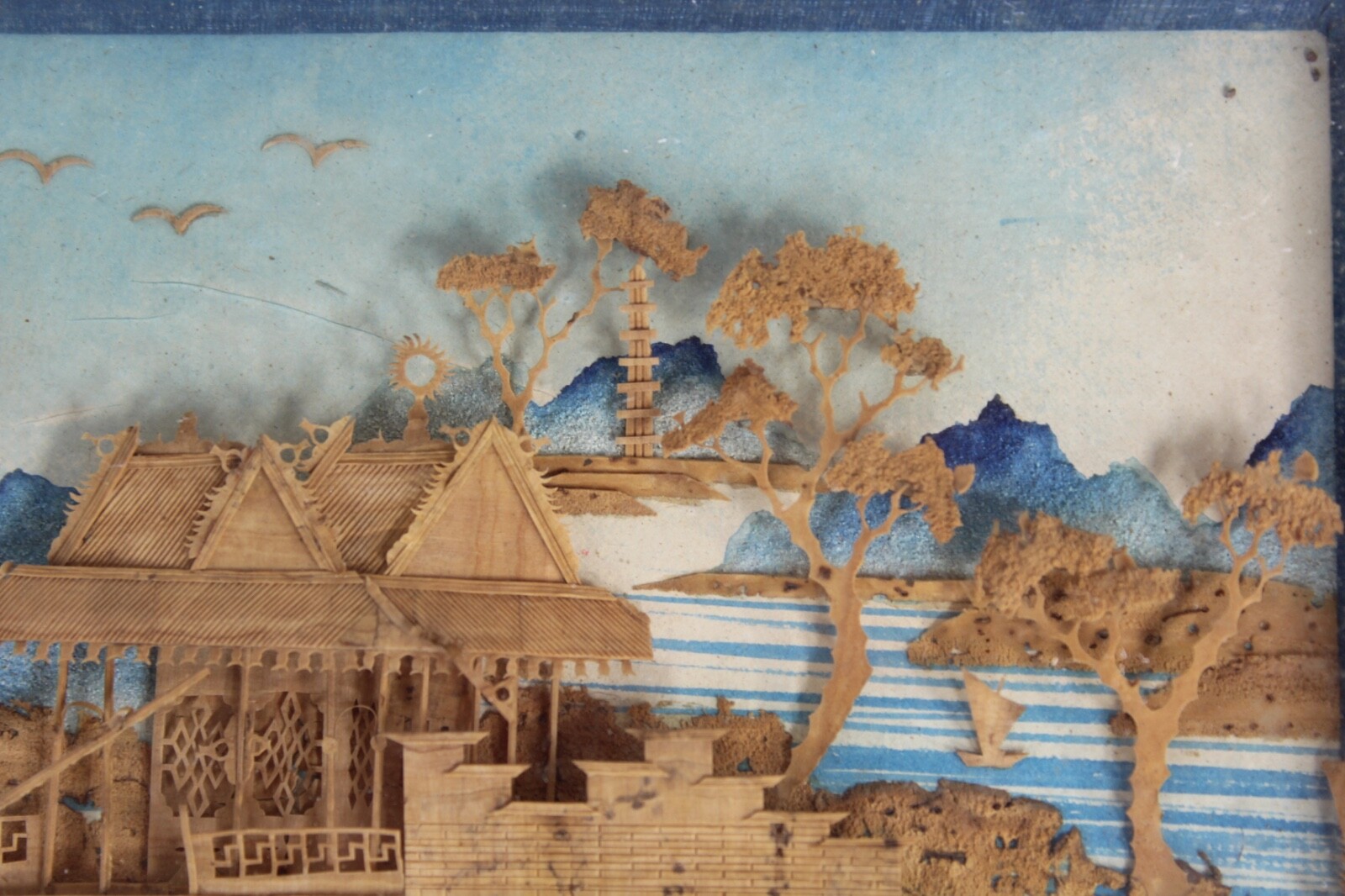 Antique Chinese Asian Miniature Wood Carving Village Scene Signed Stamp Framed
