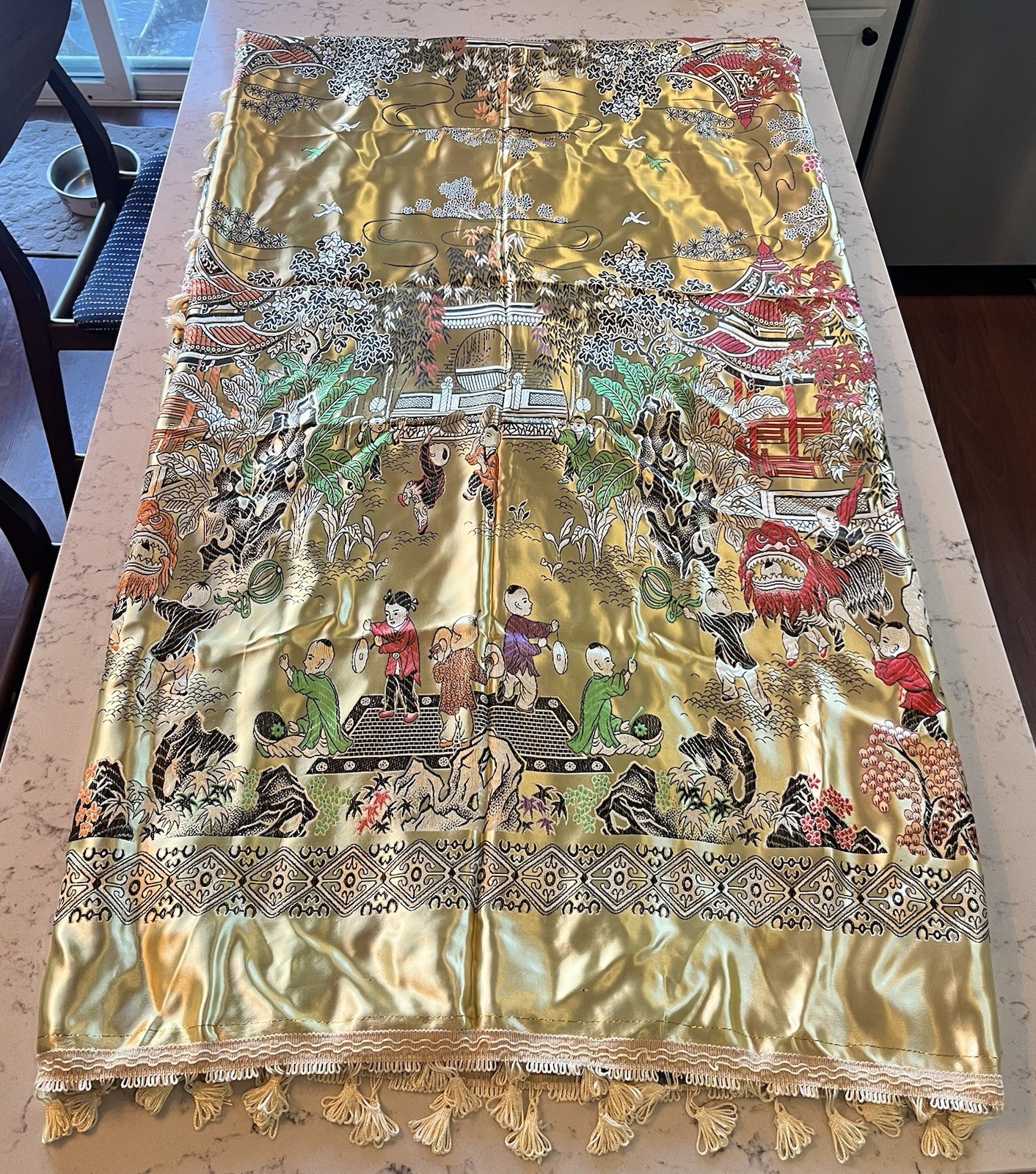 Vintage Large Chinese Silk Brocade Tablecloth Tapestry “Hundred Children” 82×86”