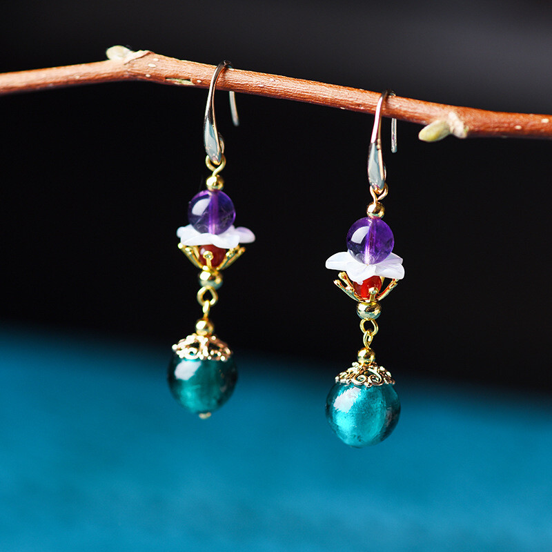 China Coloured Glaze/Purple Crystal/Shell Flower Tibetan Style Earbob Earrings