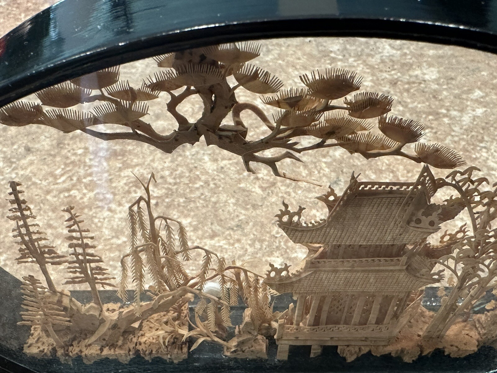 VINTAGE CHINESE DIORAMA CORK CARVING GLASS CASE PAGODA TREES & CRANES