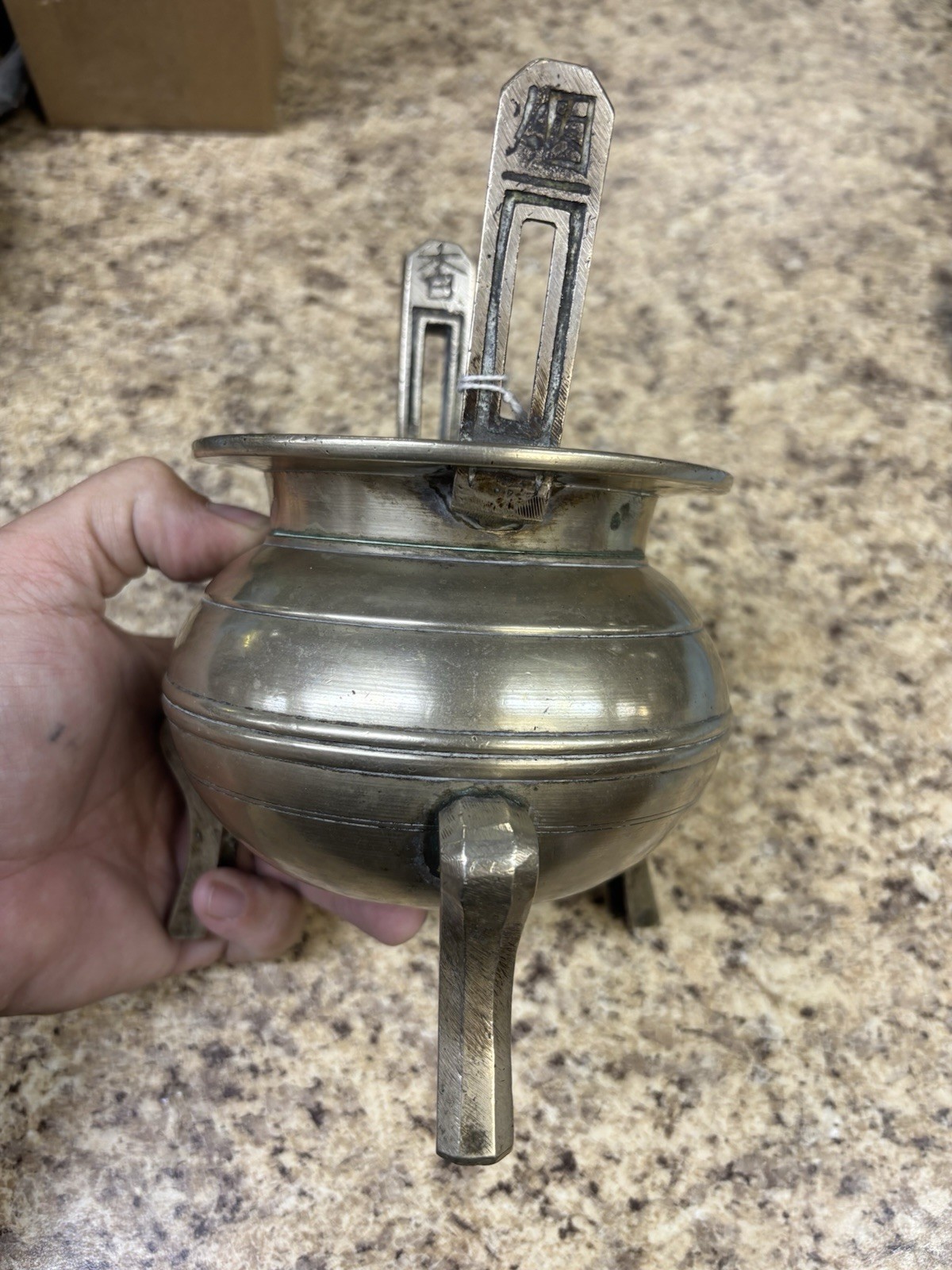 Vintage Chinese Brass Footed Incense Burner Holder Tri pod pot With Lid – Marked