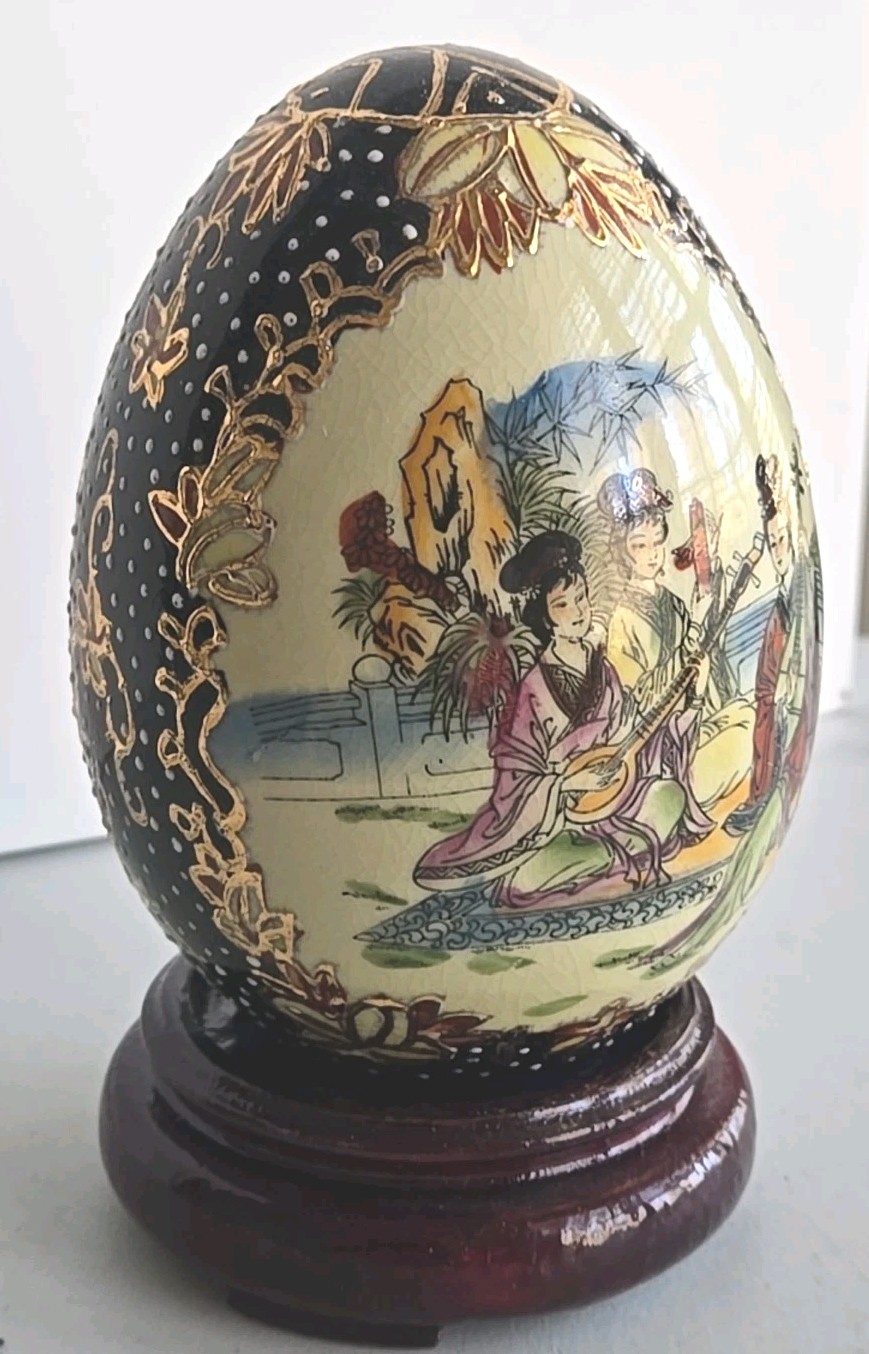 VTG Hand-Painted Oriental Porcelain Egg 4.5″ Mythological Design + Stand