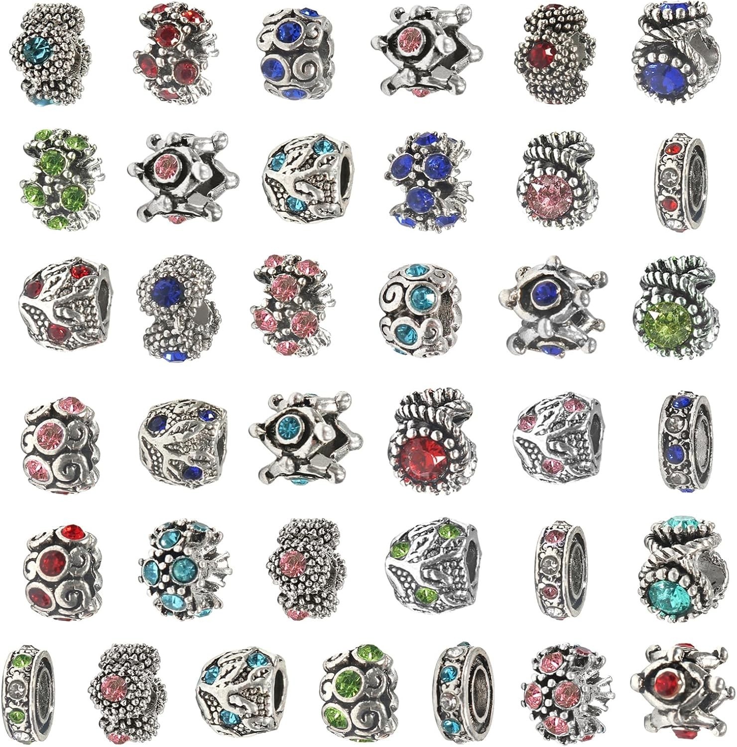 30pcs Alloy Rhinestone Enamel European Beads Large Hole Lampwork Spacer Bead …
