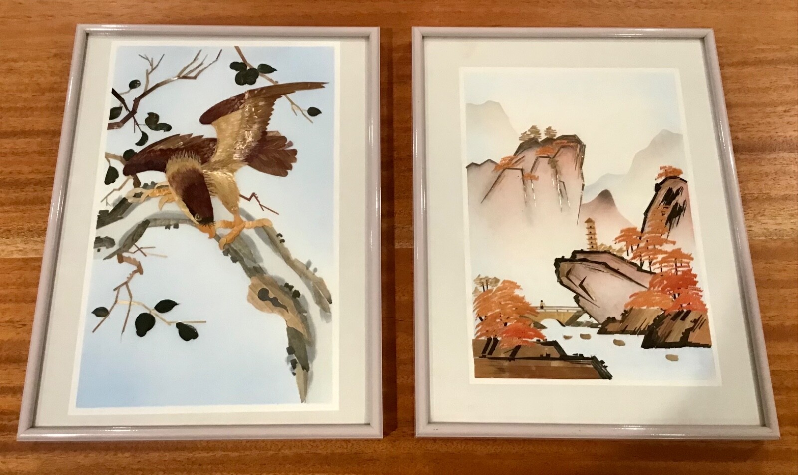VTG ASIAN CLOTH PAINTED WOOD PICTURE MOUNTAINS WALL ART FRAMED- 1 OF 2 AVAILABLE