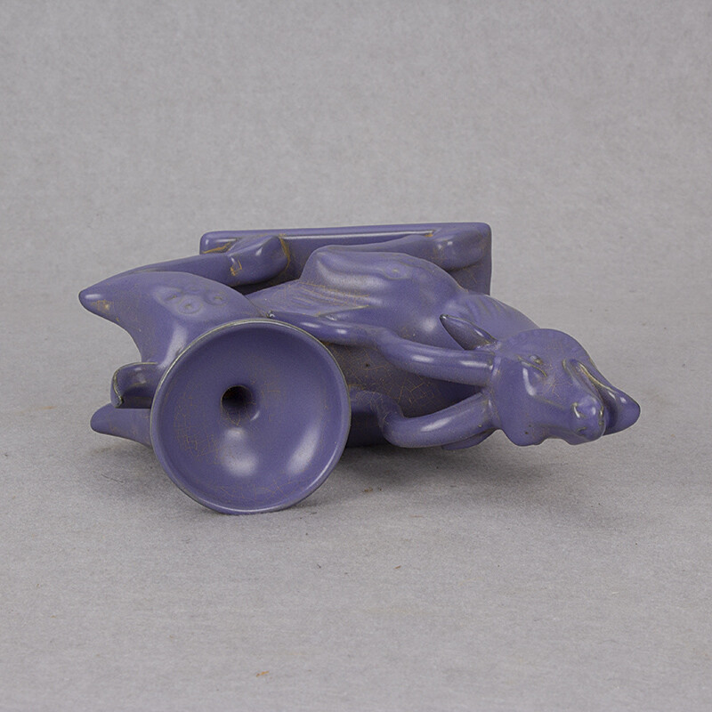 6.7″ China Porcelain Ru Kiln Purple Glaze 12 Zodiac Animal Sheep Oil Lamp Statue