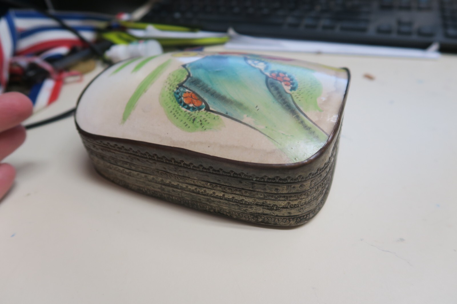 Antique Chinese Asian Porcelain Shard Lid Vintage Metal Silver Trinket Box 5″x6″
