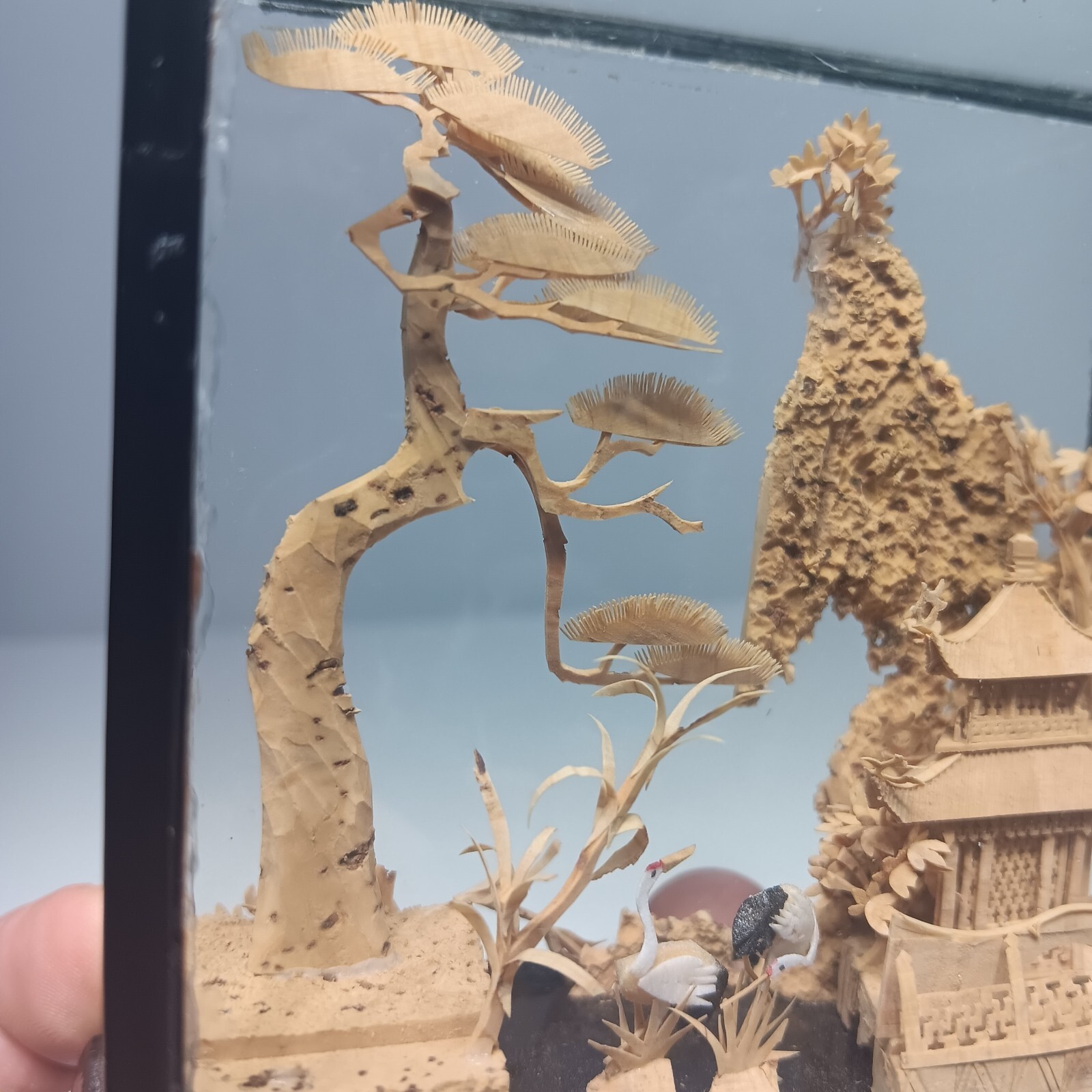VTG Chinese Cork Carving Diorama Shadow Box Asian Art Pagoda Cranes 4″x4.5″x1.5″