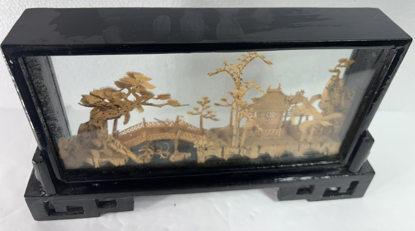 Vintage Hand-Carved Chinese Cork & Wood Diorama Encased In Glass & Wood Stand
