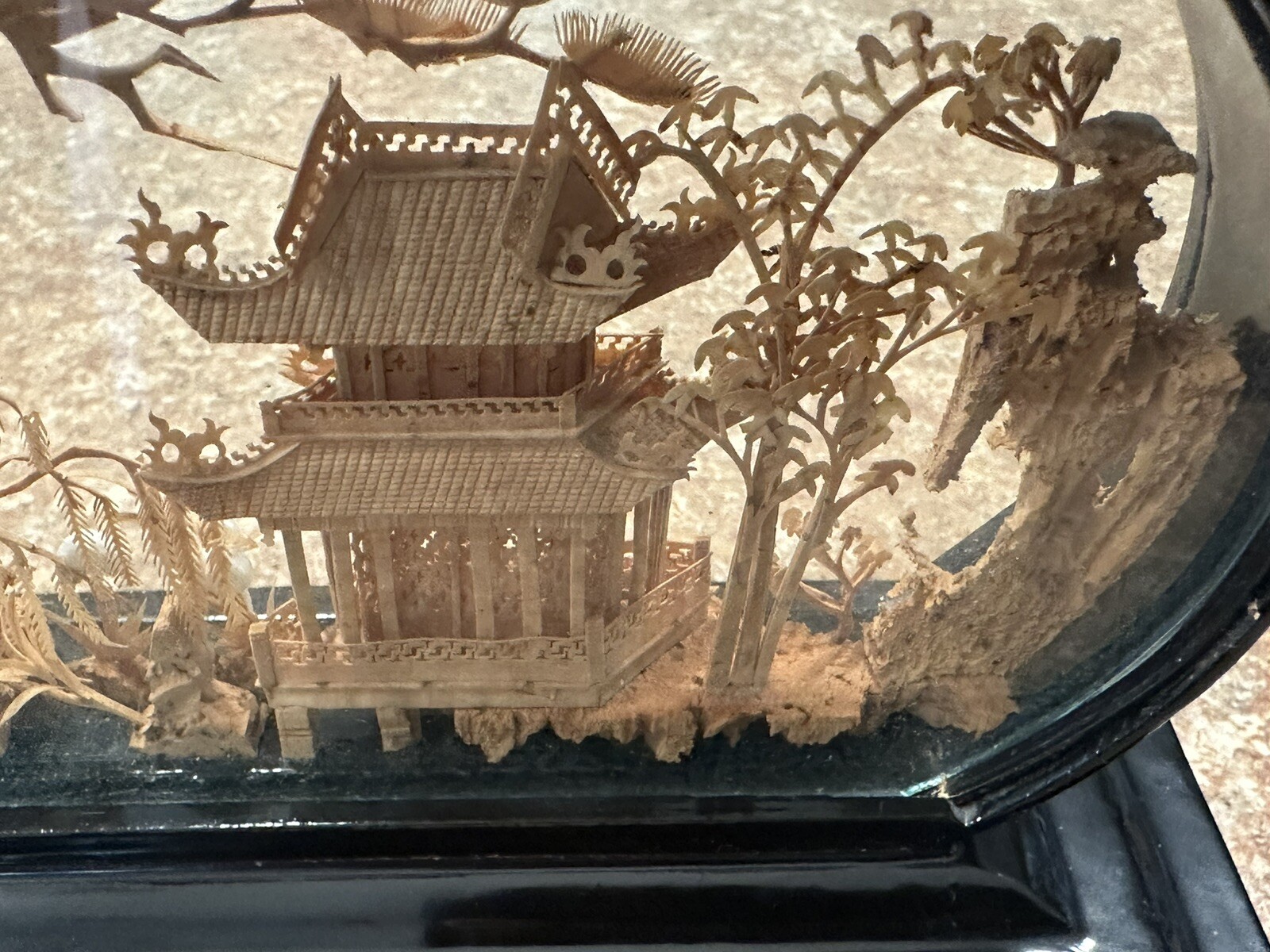 VINTAGE CHINESE DIORAMA CORK CARVING GLASS CASE PAGODA TREES & CRANES