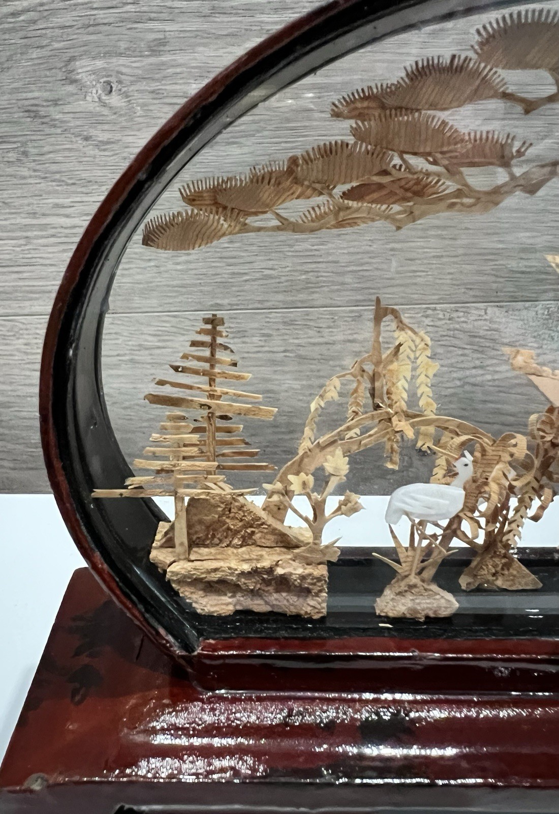 Vintage Chinese Hand Carved Cork Enclosed Diorama Sculpture Village 8” Long