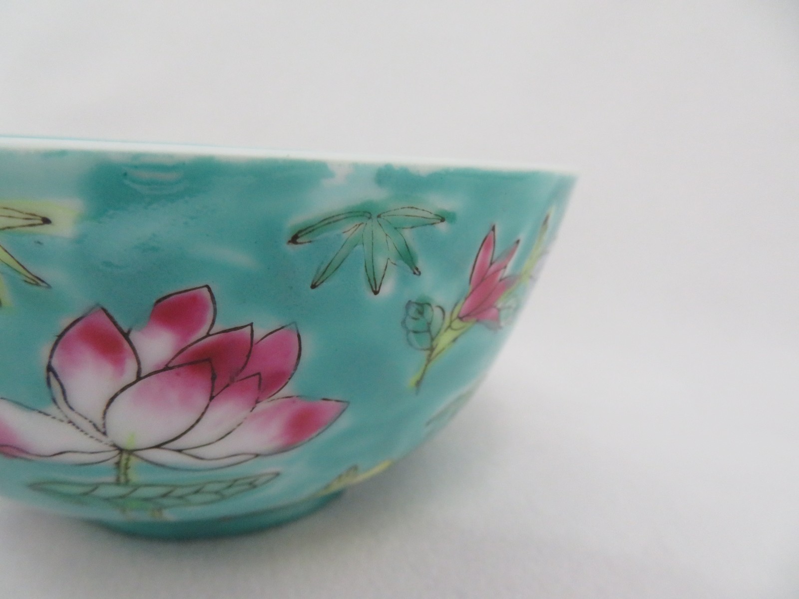 Vintage Chinese Fine Porcelain Turquoise Blue Famille Rose Rice Soup Bowl #2