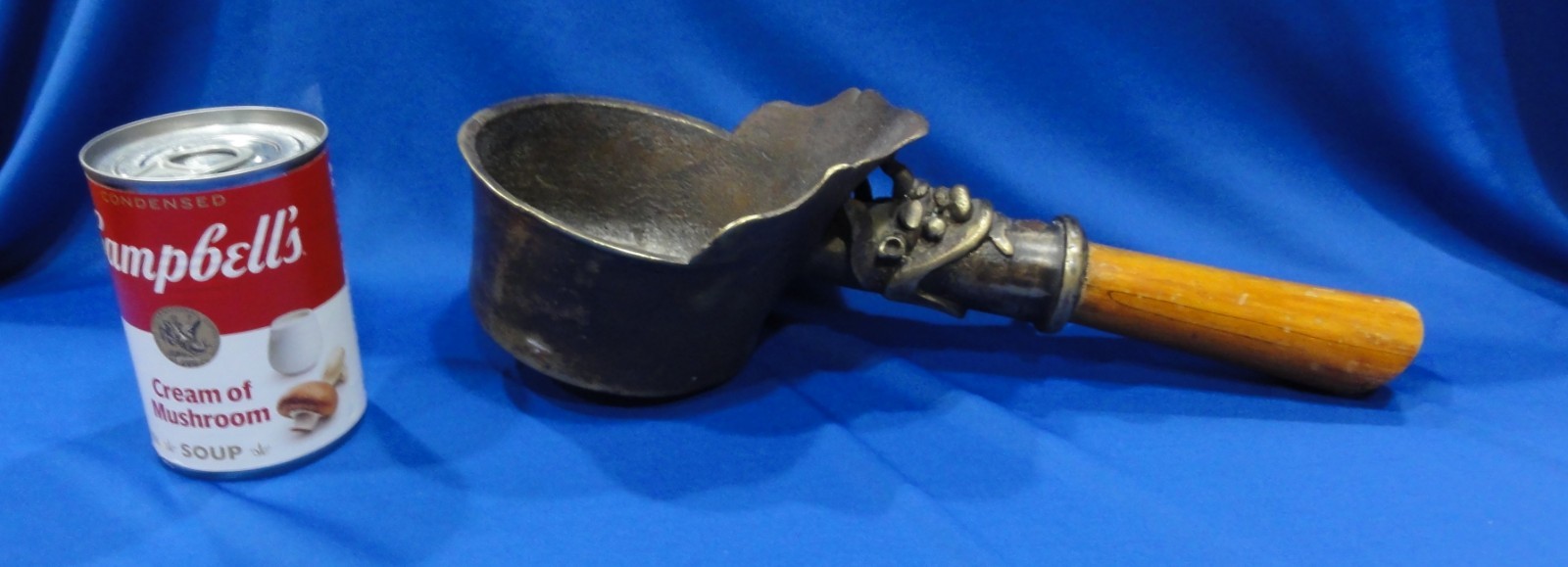 ANTIQUE CHINESE BRONZE CHARCOAL SILK IRON, HEAVY DUTY, 13.75” LONG, WOOD HANDLE
