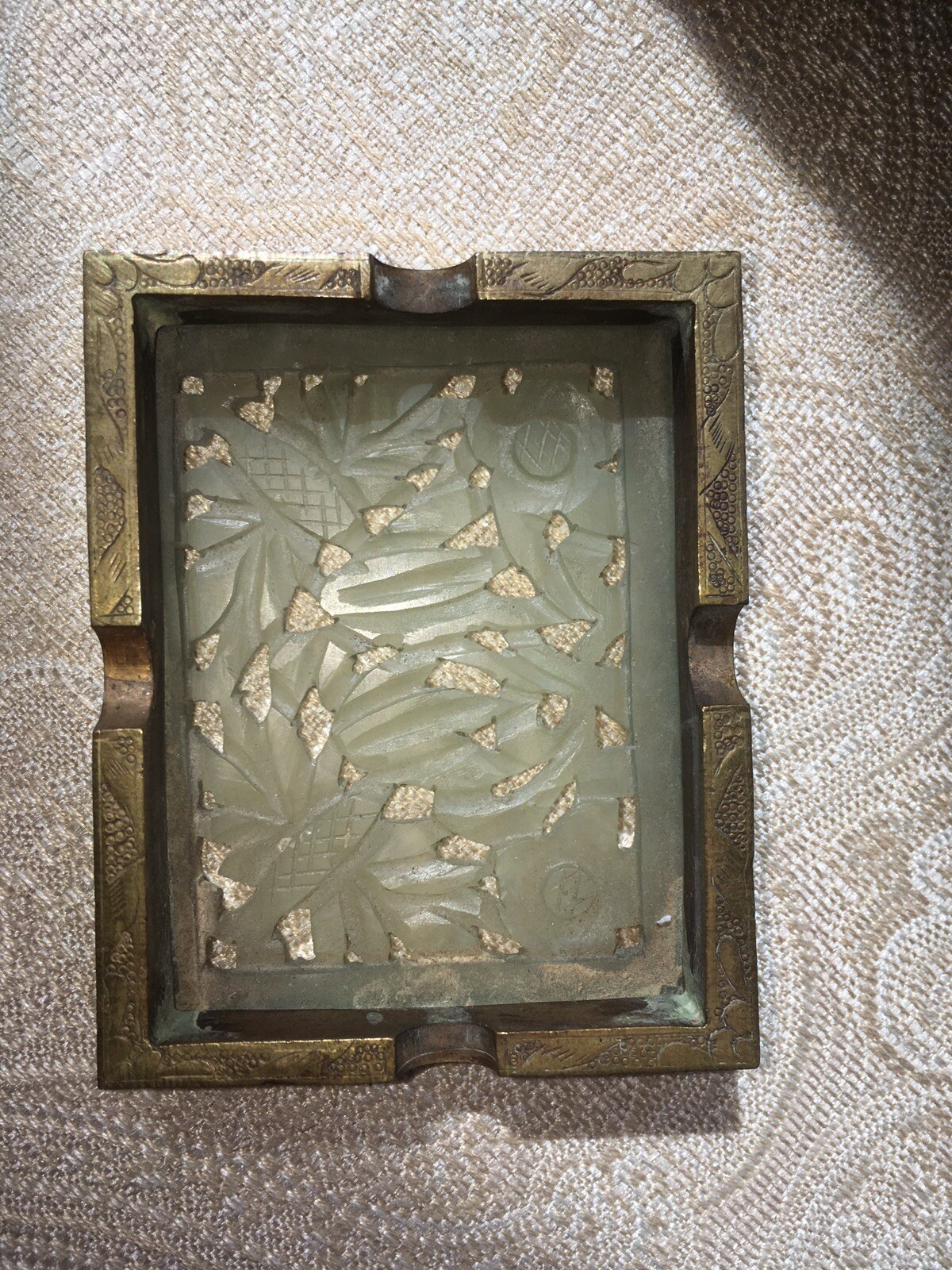 Vintage Chinese Carved Stone & Brass Ash Tray, 3” x 2-3/8” x 3/4” H