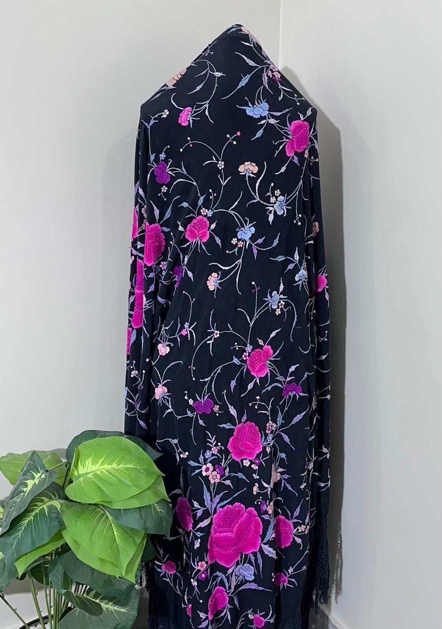 Antique Menton De Manila Silk Black Ground Multi Embroidery Piano Shawal,