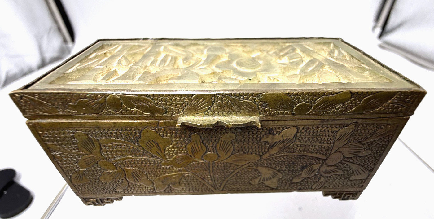 Vintage Chinese Etched Brass and Carved Jade Hinged Box