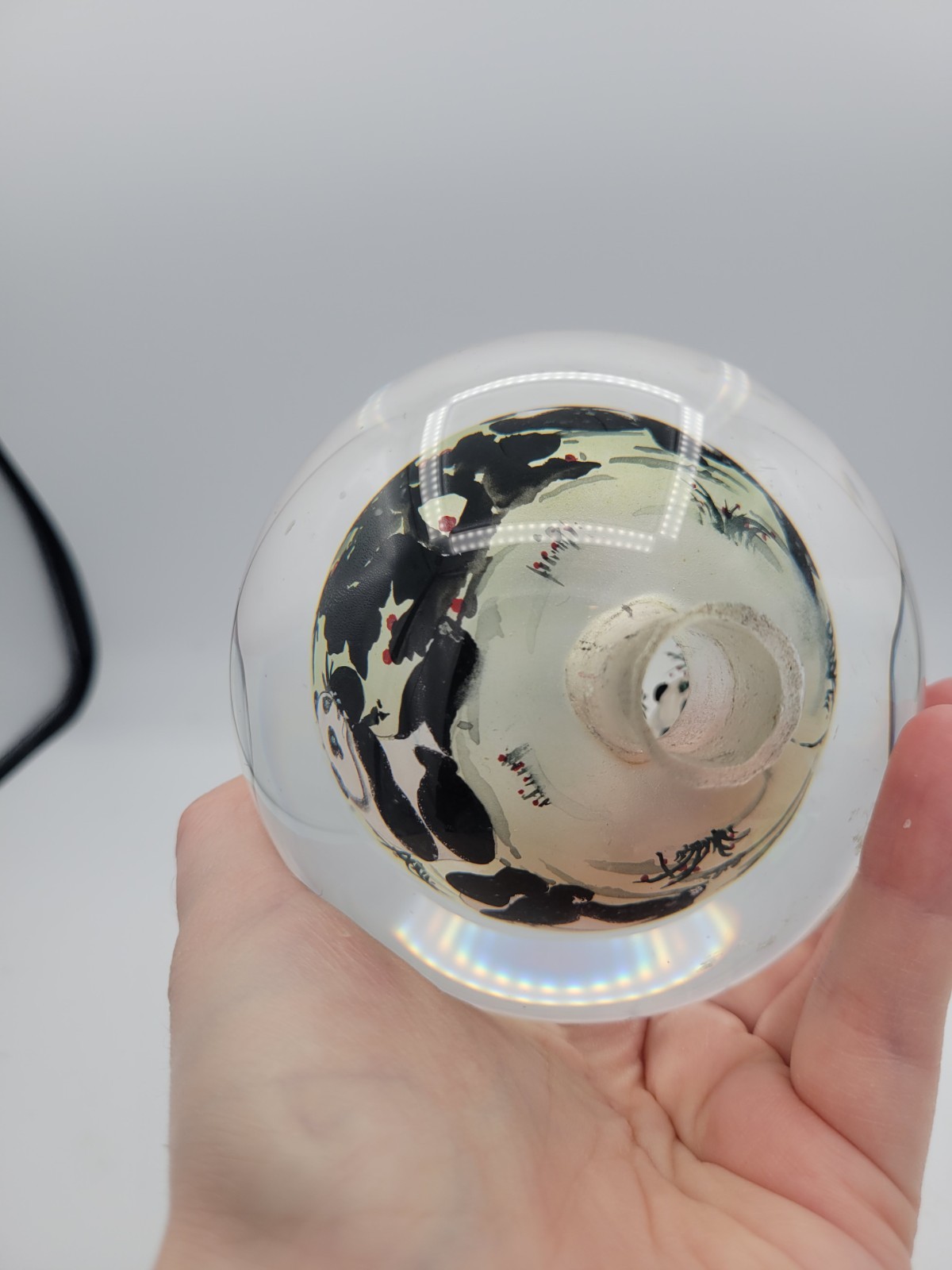 Chinese Art Glass Ball Sphere Paperweight Reverse Hand Painted Pandas NO Base