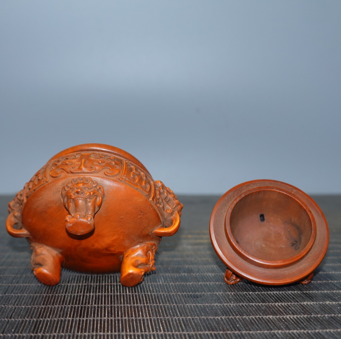 4″ Collect China Box-wood Carving Animal Foo Fu Dog Guardion Lion Incense Burner
