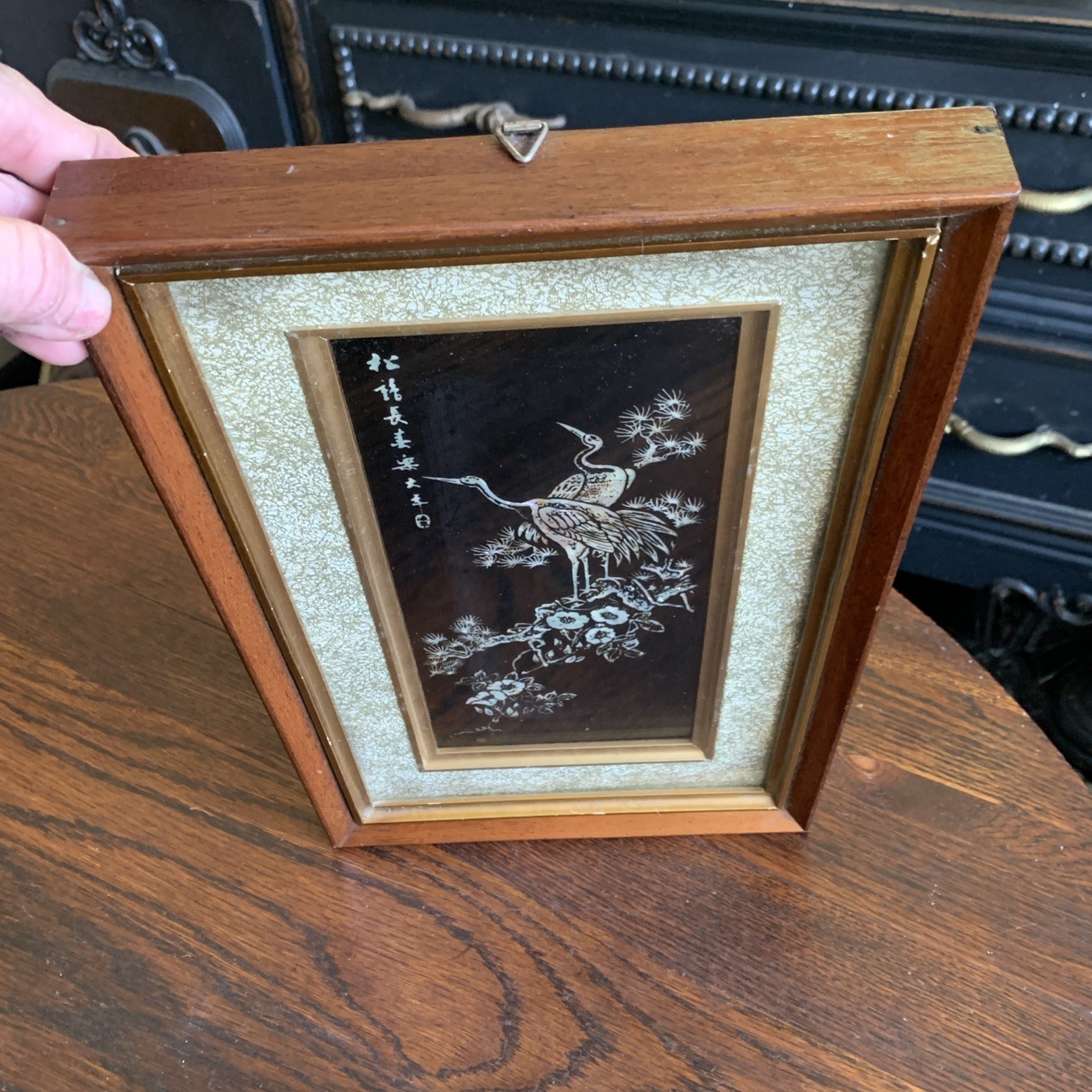 Vtg Asian Crane Birds Mother of Pearl & Abalone Shell Art Wood Framed 14.5”x8.75