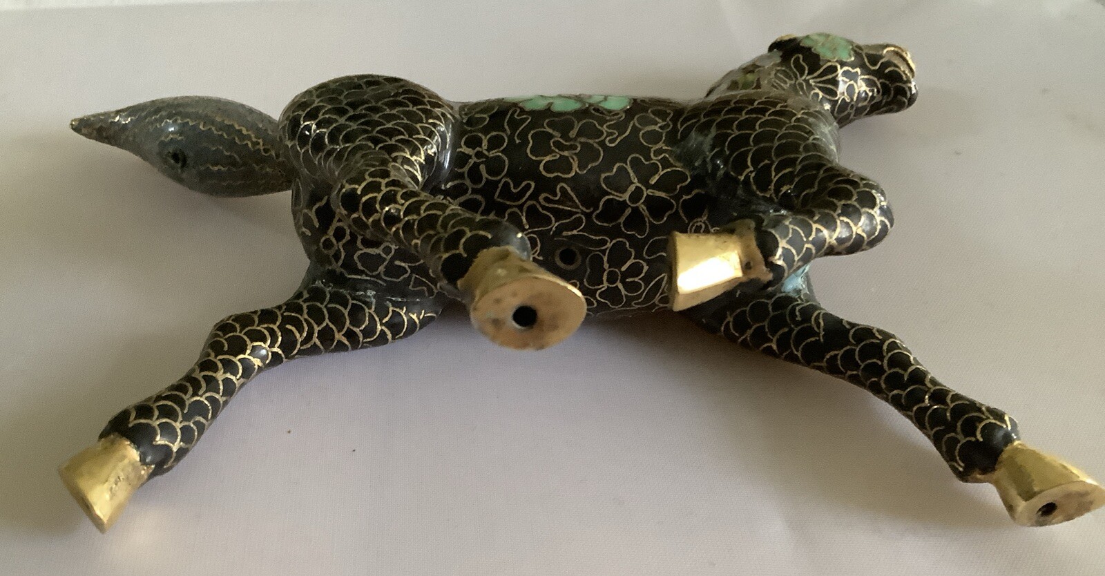 Chinese Cloisonné Small Horse Black w Blue & Green Flowers 6”