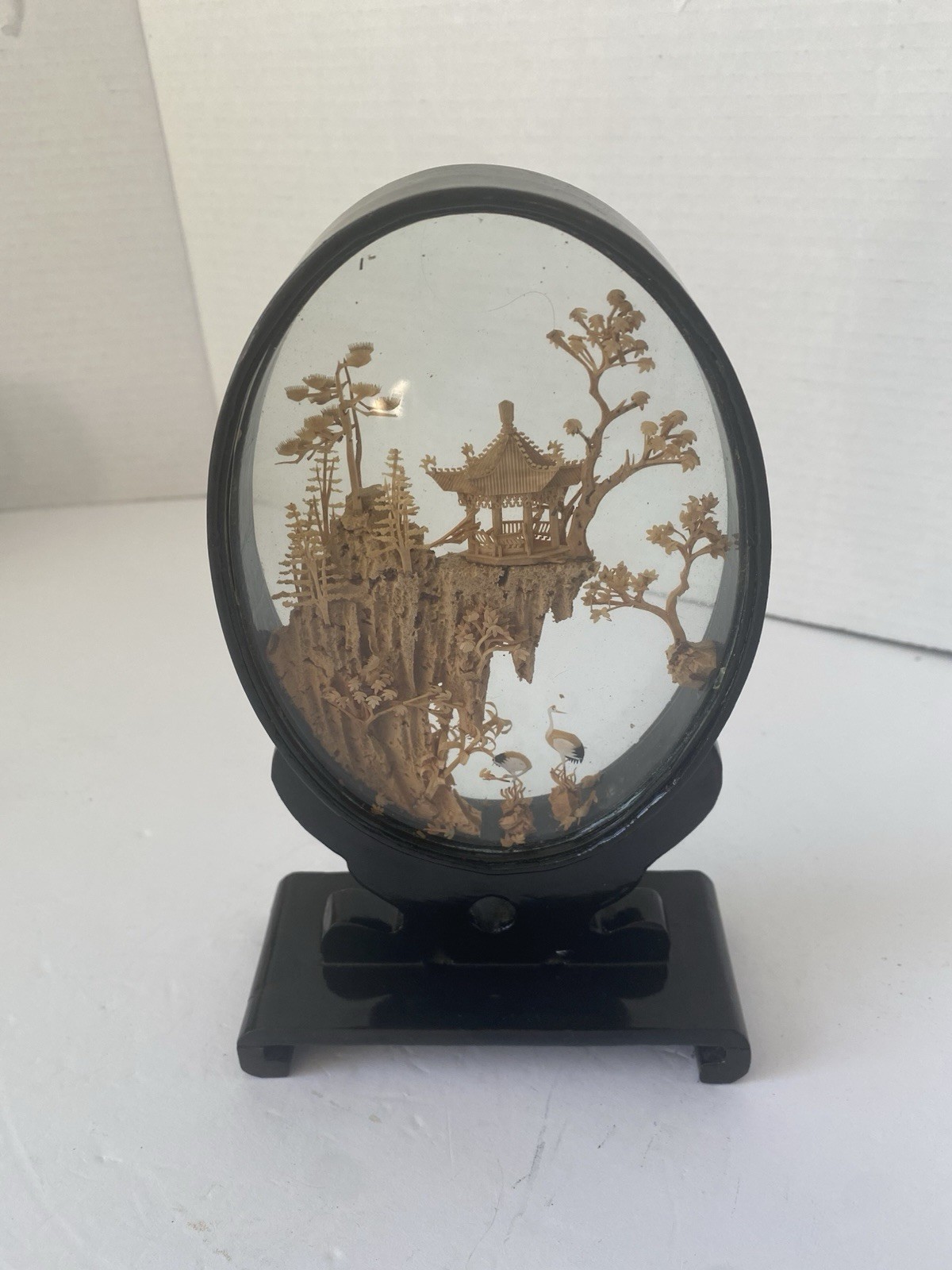 VTG Oriental Hand Carved Cork Art Diorama Pagoda Lacquer Frame Asian Chinese