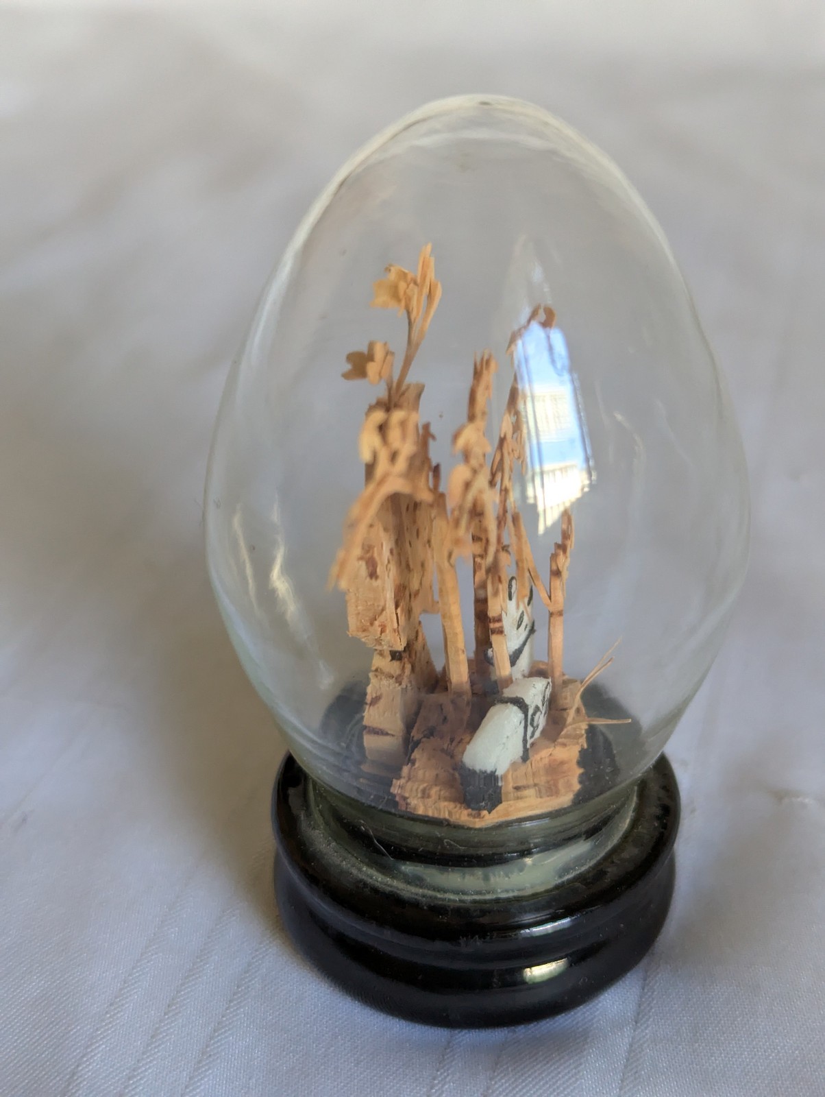 San You carved cork miniature display tree pandas glass 3.25″ tall