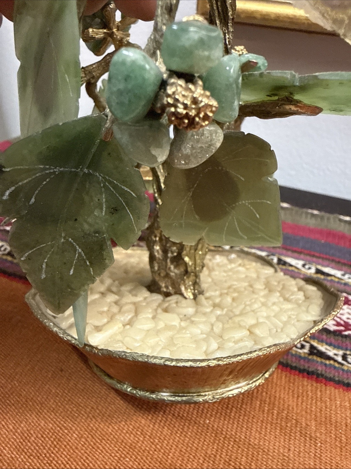 Vintage Glass Bonsai Jade Tree Intricate Multi Colored Flowers in Jade Base