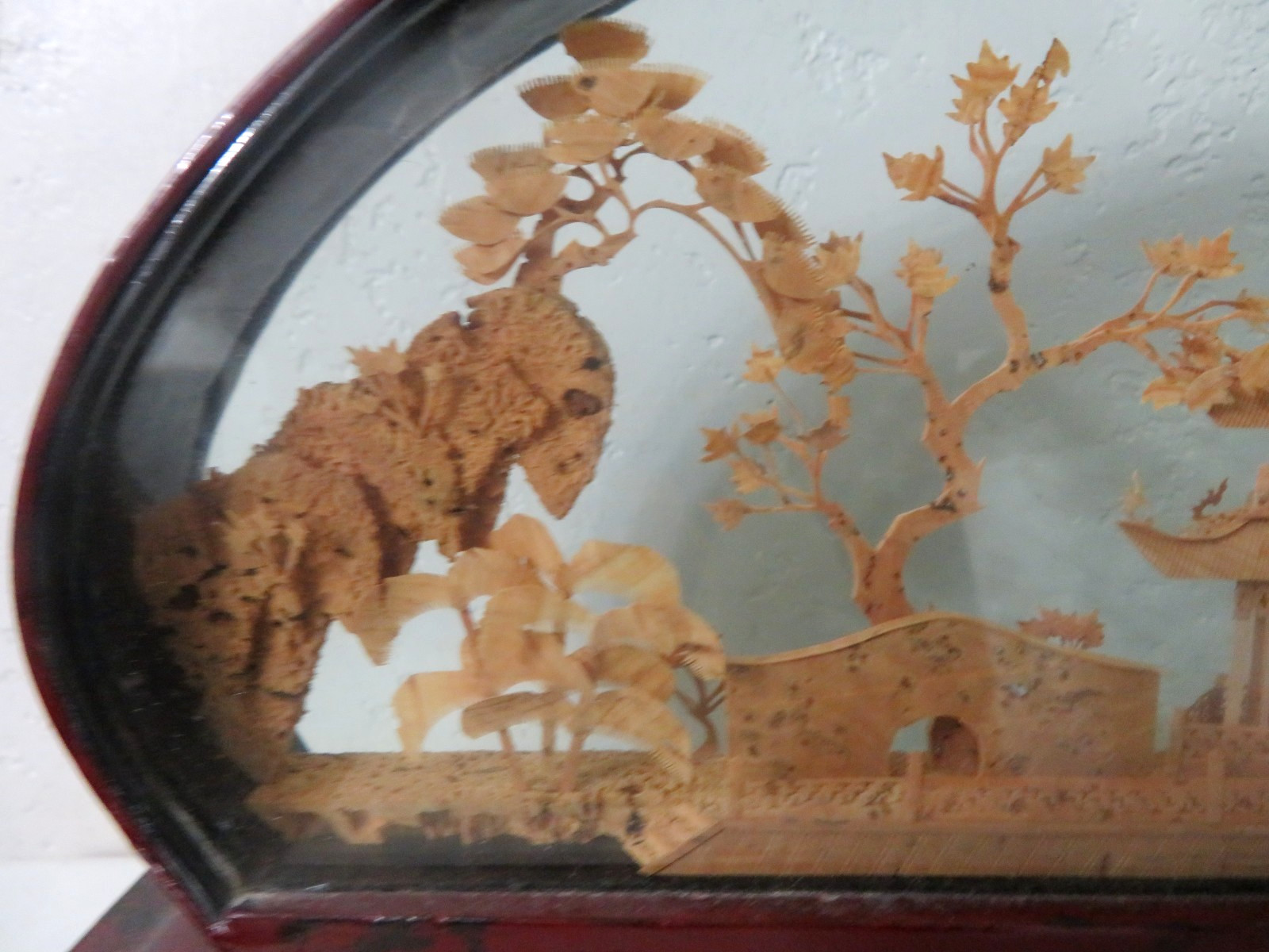 Vintage Chinese Cork Hand Carved Diorama-Pagoda/Trees/Cranes 19” X 11”