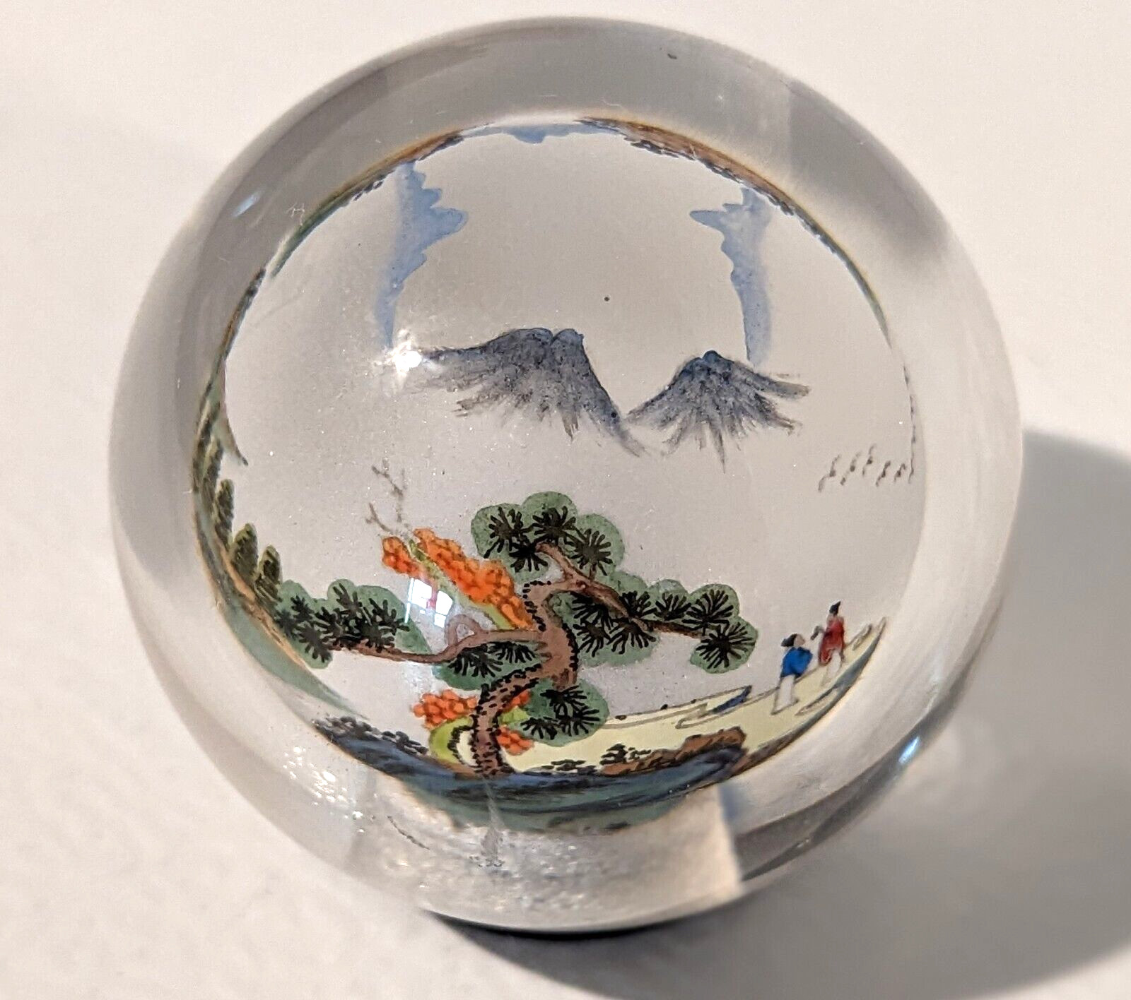 VTG Reverse Painted Glass Ball Sphere Paper Weight Oriental Mountain Scene
