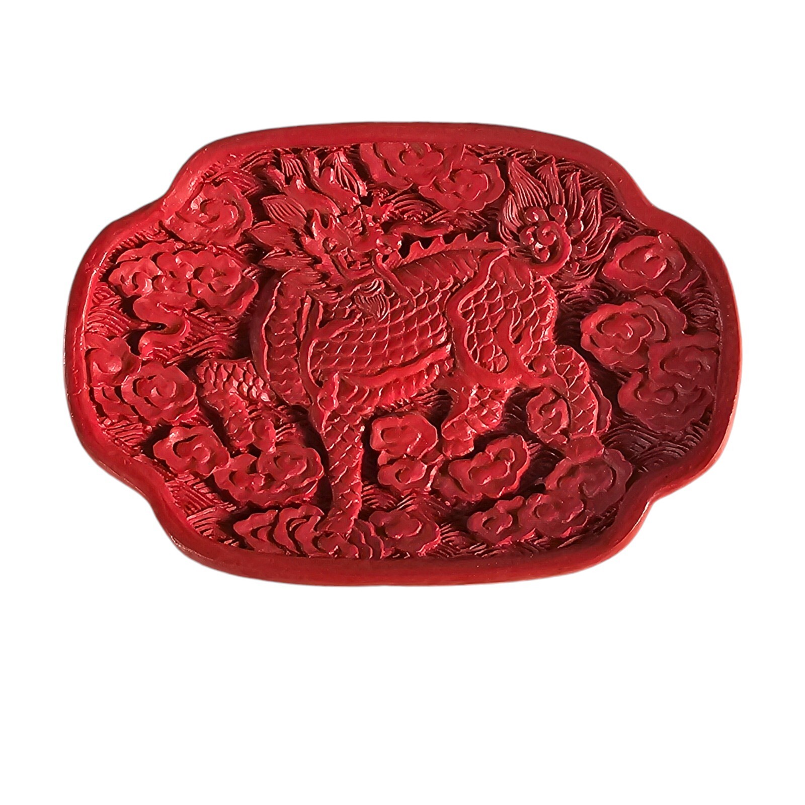 Vintage Chinese Decorative Cinnabar Lion Fu Dog Foo Dog Clouds Carved Dish 4″