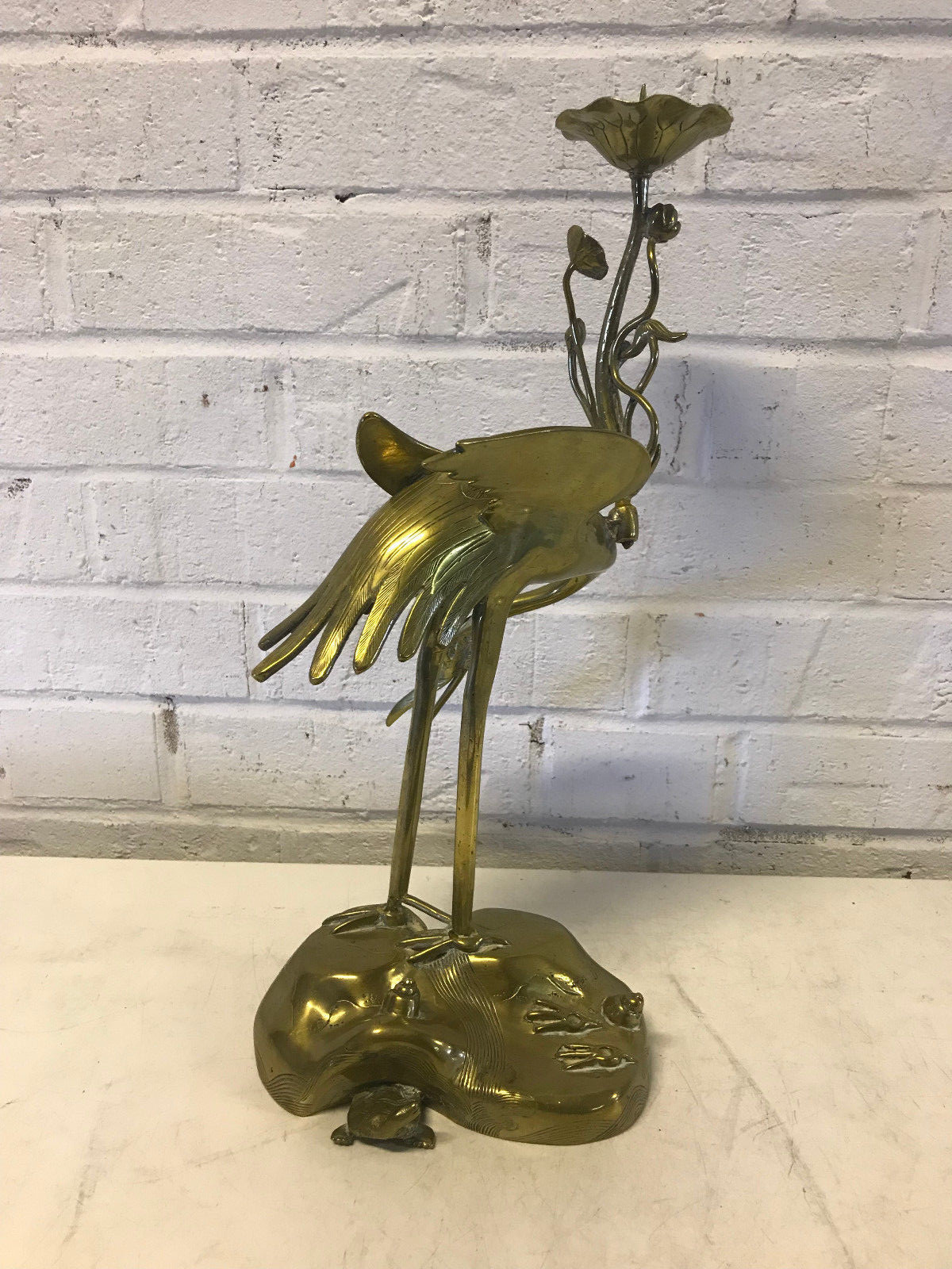 Vintage Possibly Antique Chinese Brass Candle Holder w/ Crane Flower & Turtle