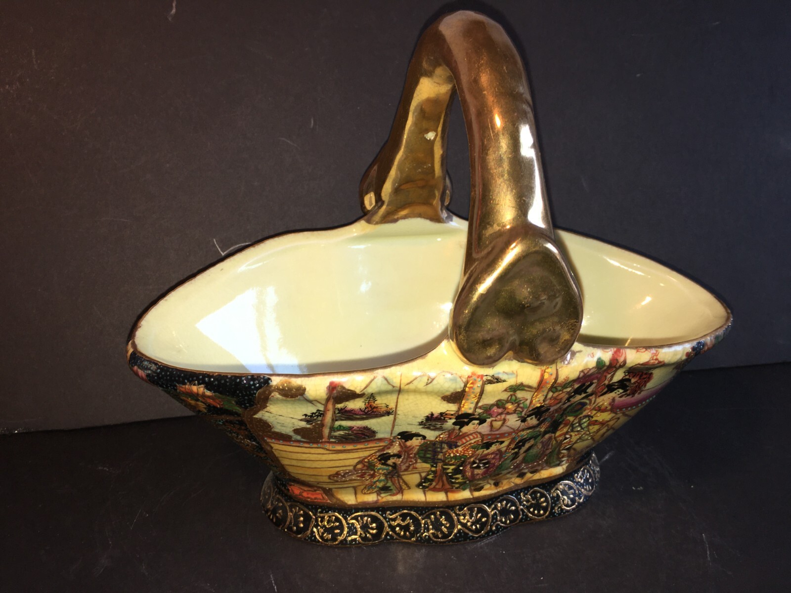 Vintage Gilt Satsuma Porcelain Basket w/Intricate Geisha Group Painting 10″ long