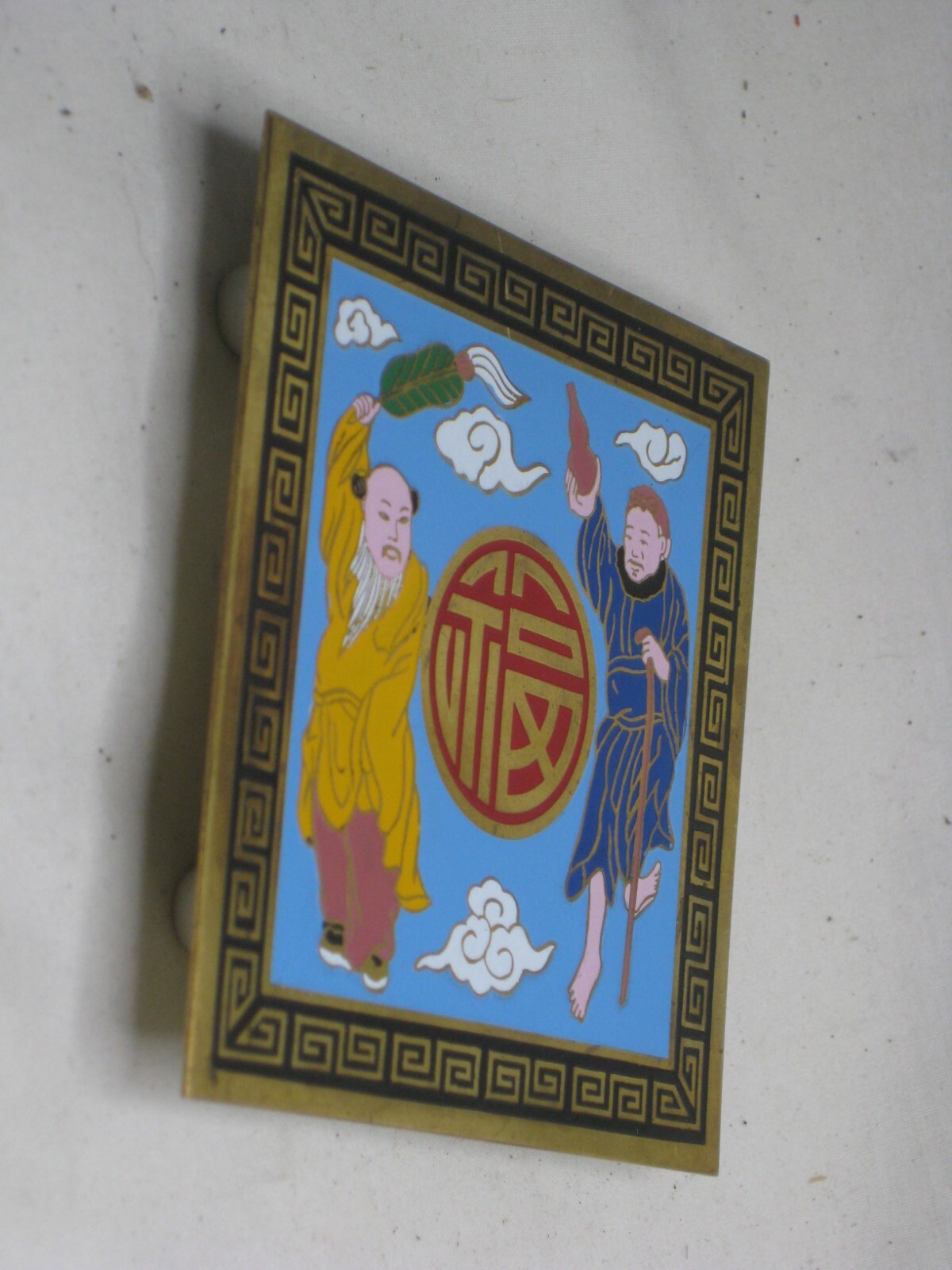small vintage Asian trivet hot plate wall decor China old man monk cloisonne art