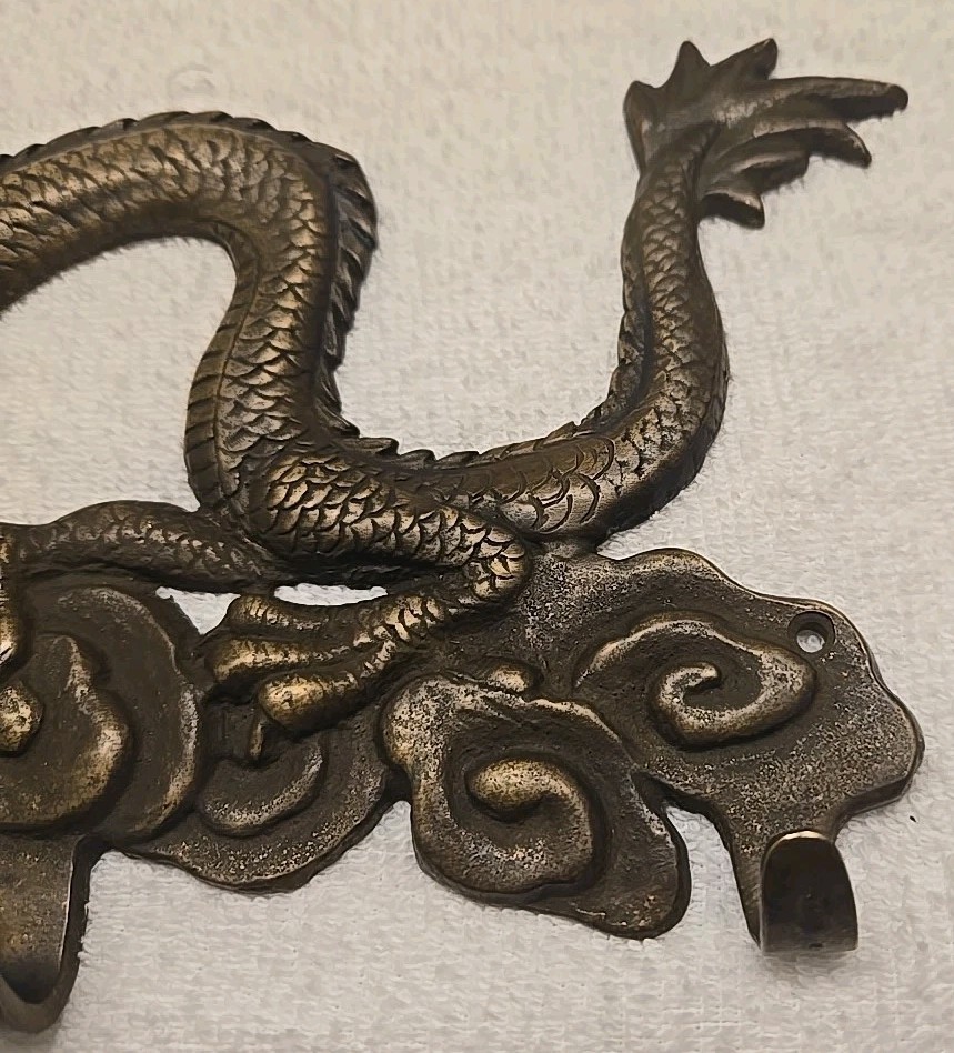 Vintage Chinese Brass Dragon Mounted Wall Hanger w/Hooks Solid Metal 12.5″×8″