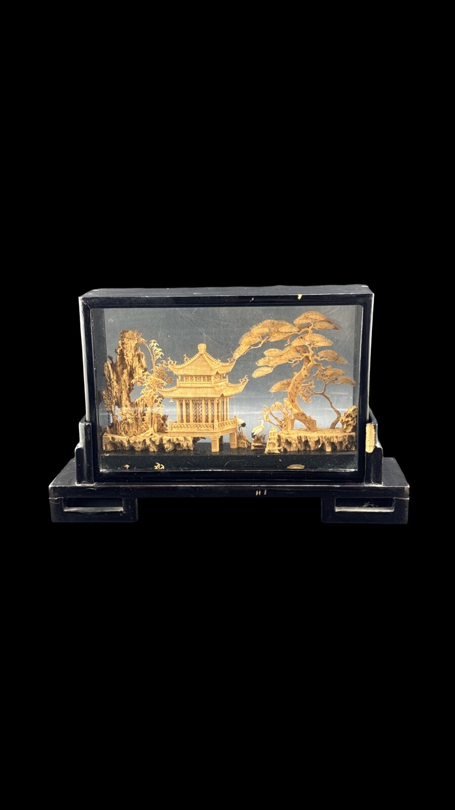Vintage Chinese San You Cork Art Hand Carved Diorama Pagoda Cranes Trees
