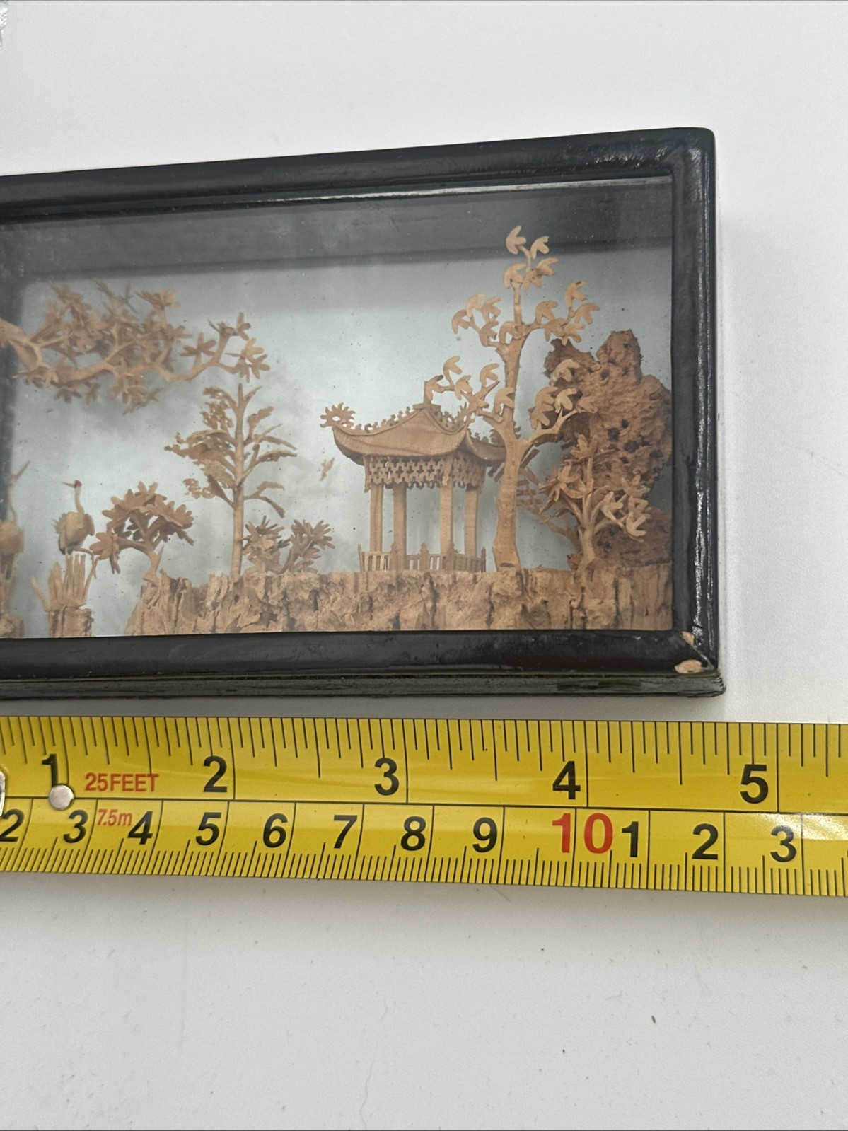 Vintage Chinese Cork Art Shadow Box Pagoda Cranes Scenic Diorama Framed C Detail