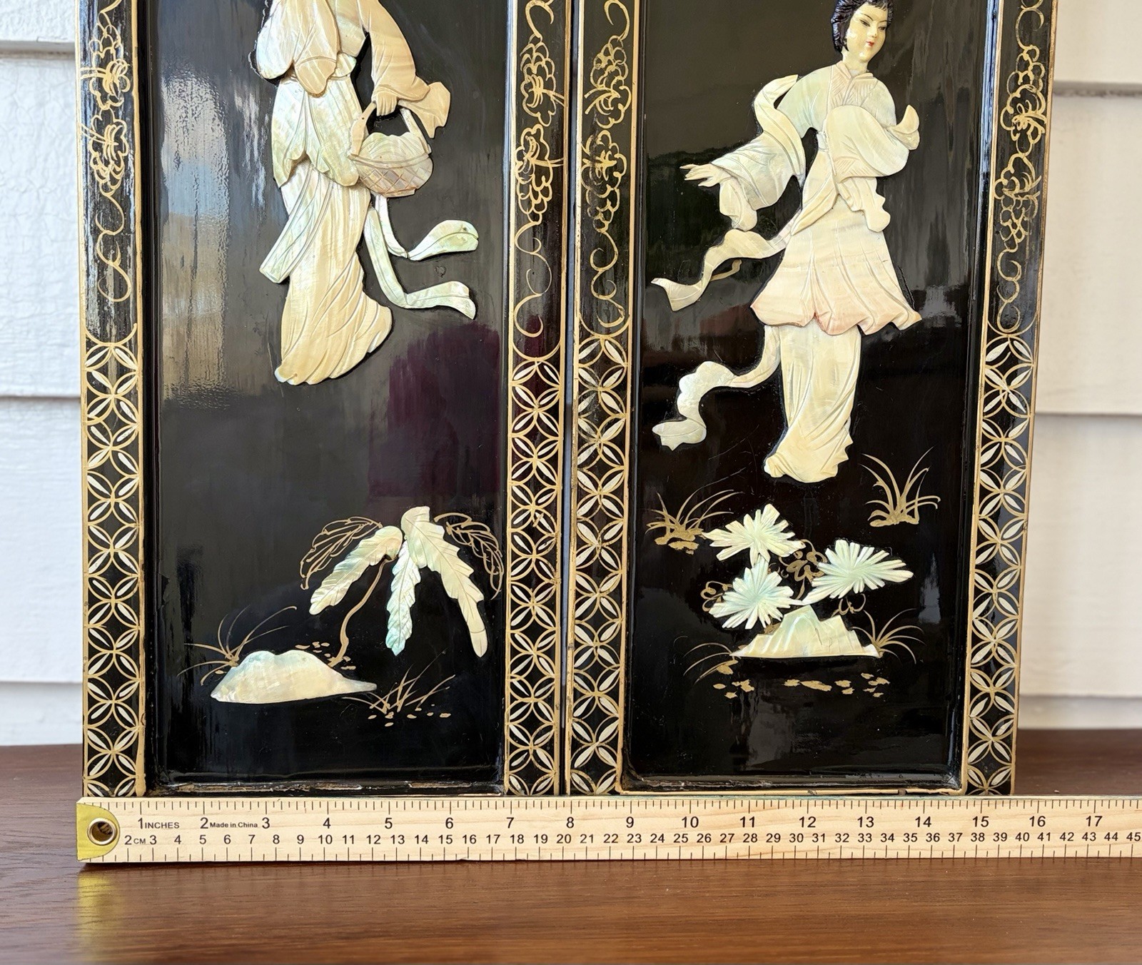 2 Vintage Asian Mother Of Pearl Inlay Black Lacquer Wooden Wall Panels