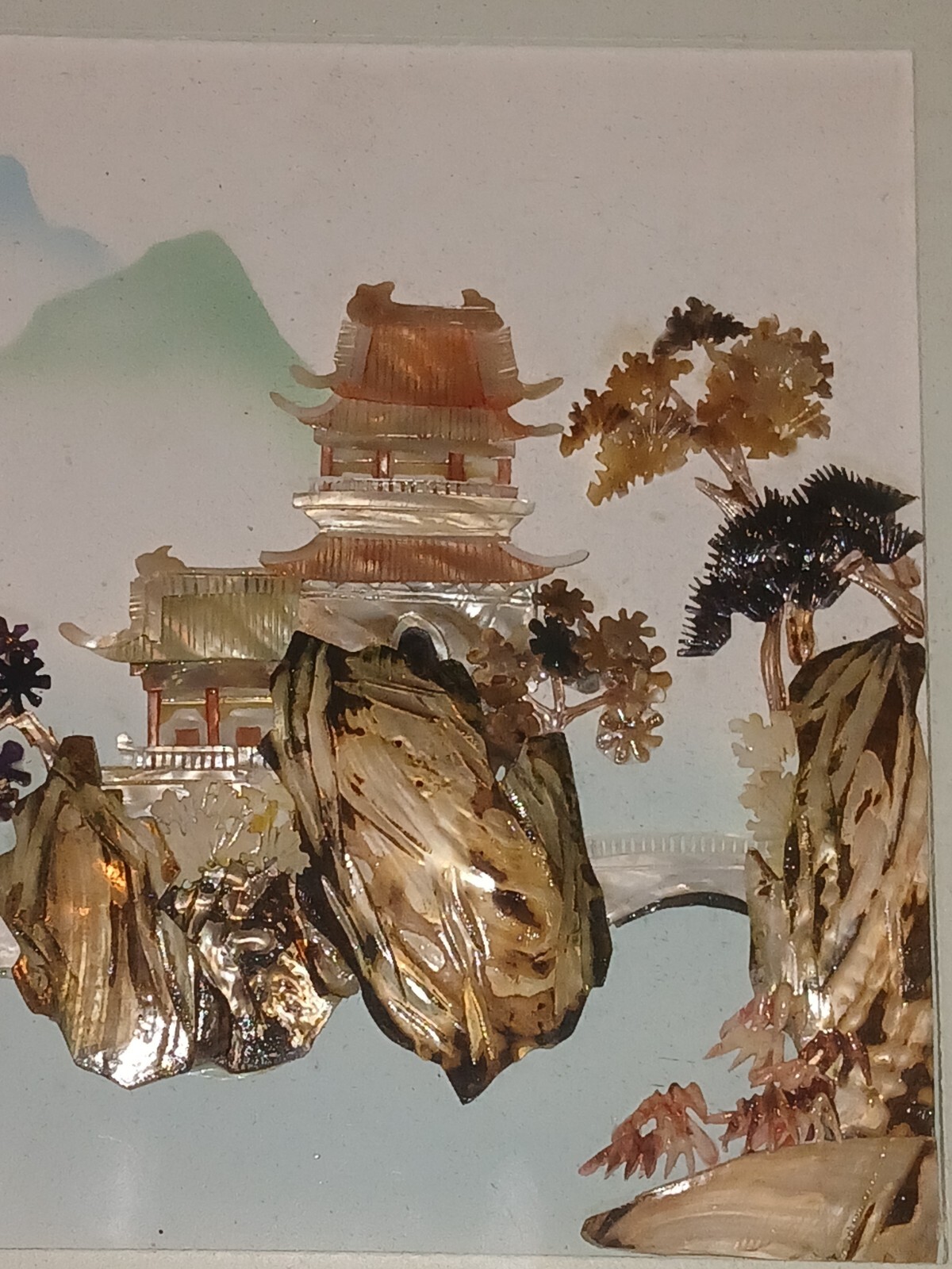 Vintage Japanese Asian Carved Shell Art Mother Pearl 3D Shadow Box Frame 14.5″SQ